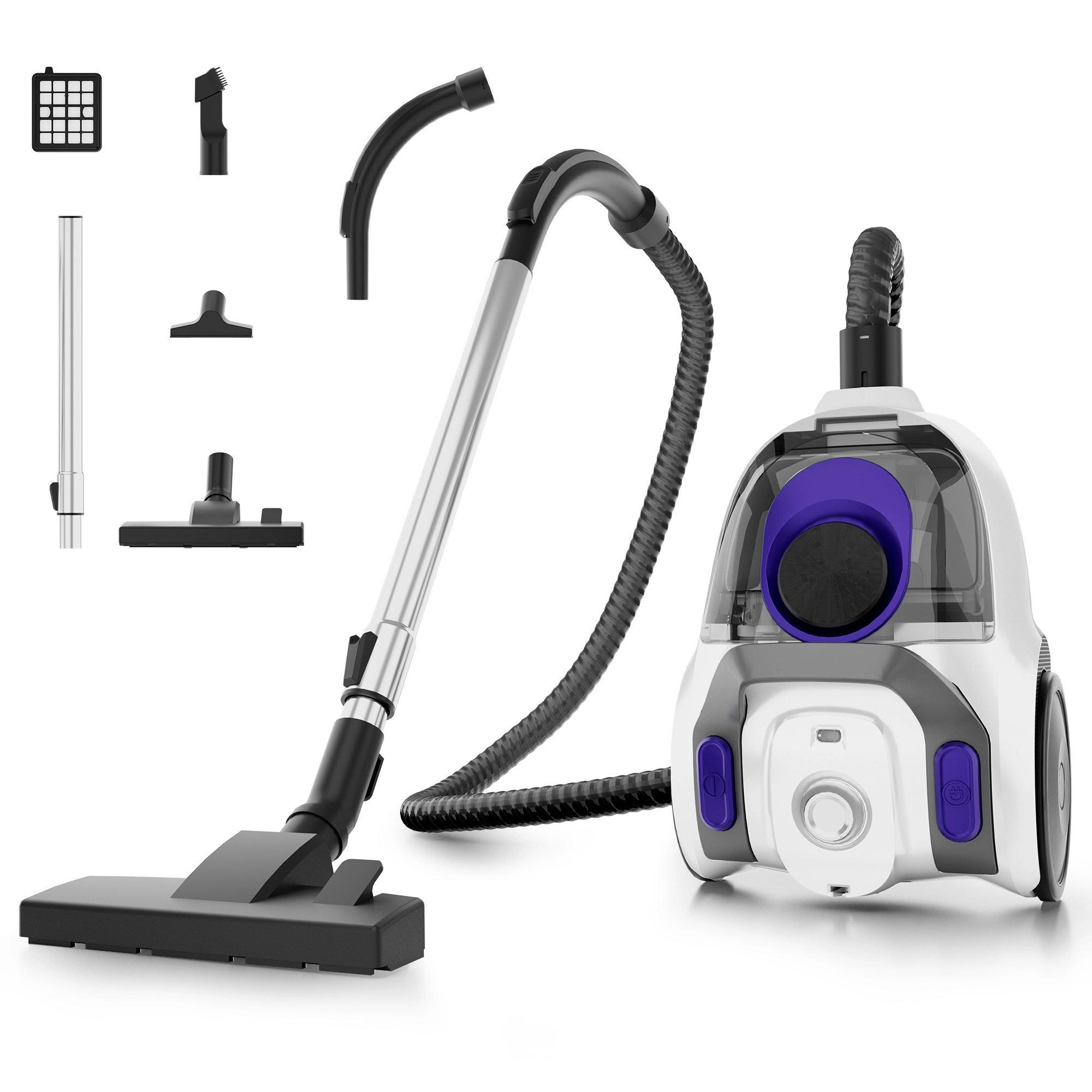 WHALL Bagless Canister Vacuum Cleaner,1400W Motor with Auto Cord Rewind & Multi‑Surface Cleaning Attachments