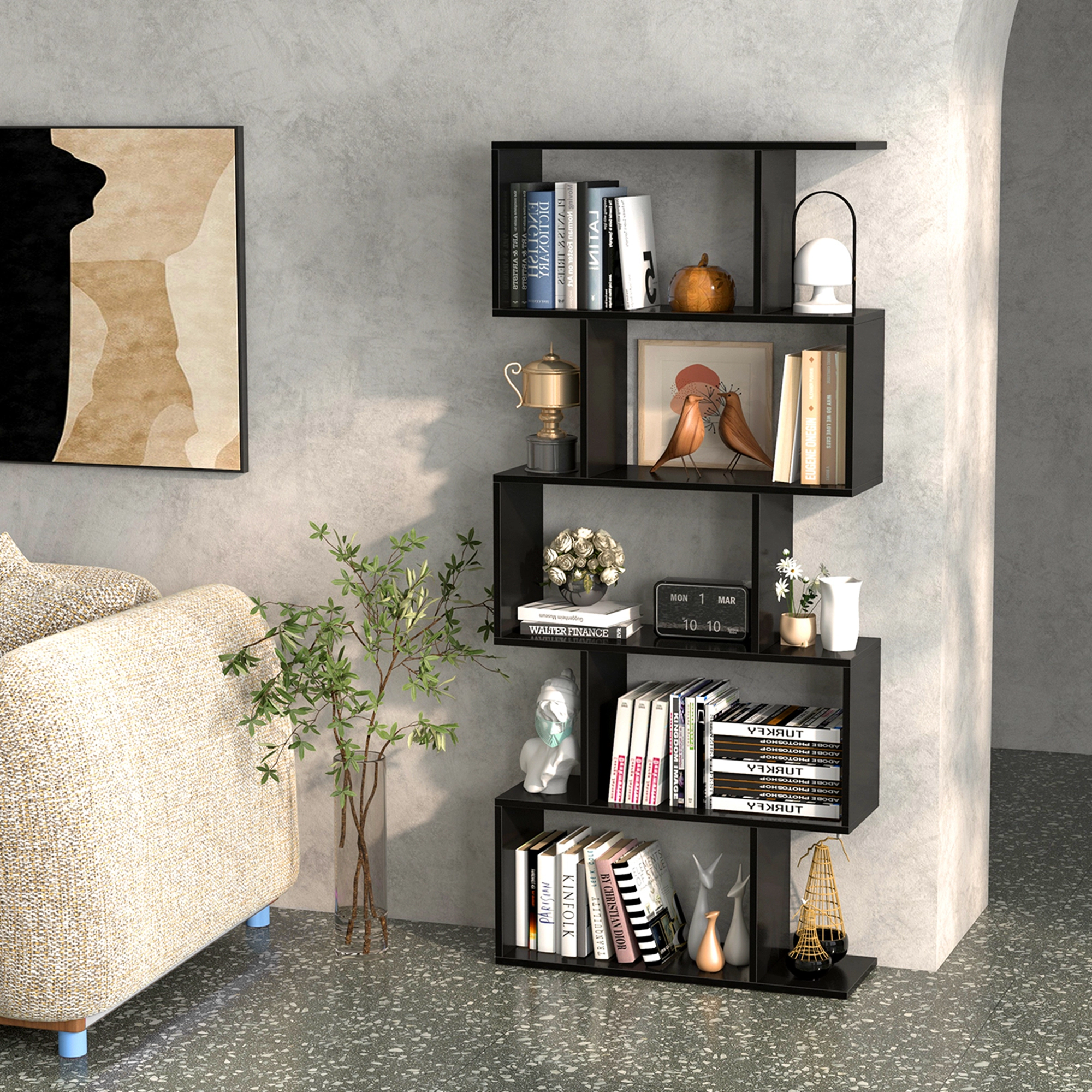 Costway 1/2 PCS 5-Tier Bookshelf Geometric S-Shaped Bookcase Room Divider Storage Display