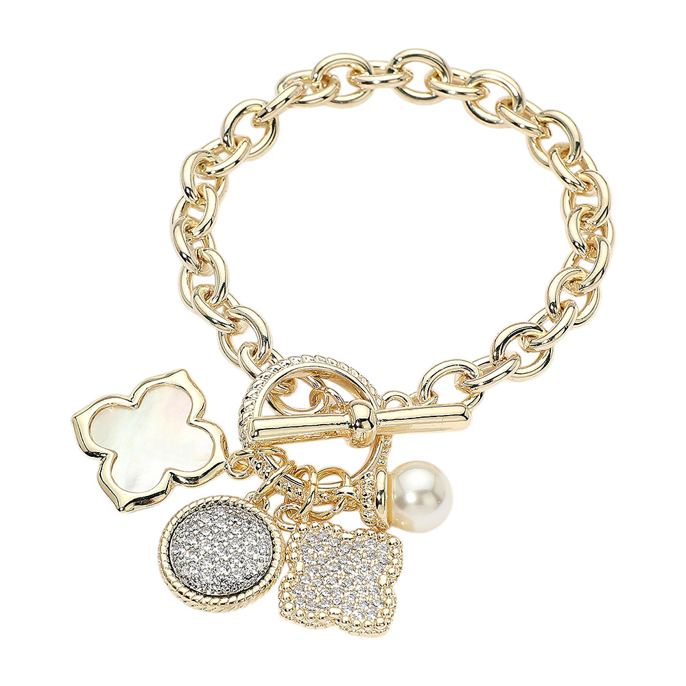 FASHNZFAB 14K Gold Plated CZ Pave Quatrefoil Pearl Floral Charm Toggle Bracelet - Gold