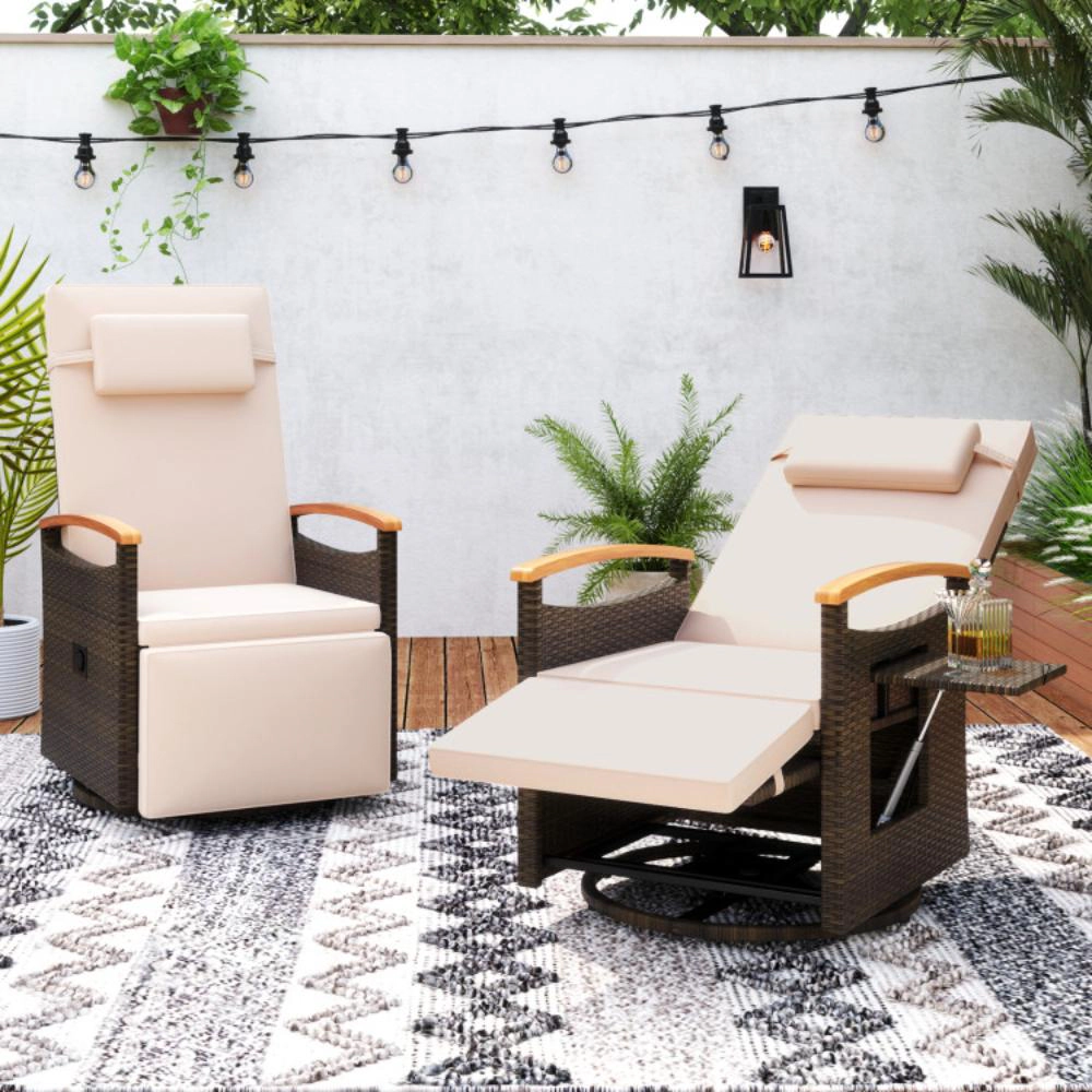 Hivvago Patio Rattan 360 Degree Swivel Recliner Chair With Adjustable Backrest And Footrest