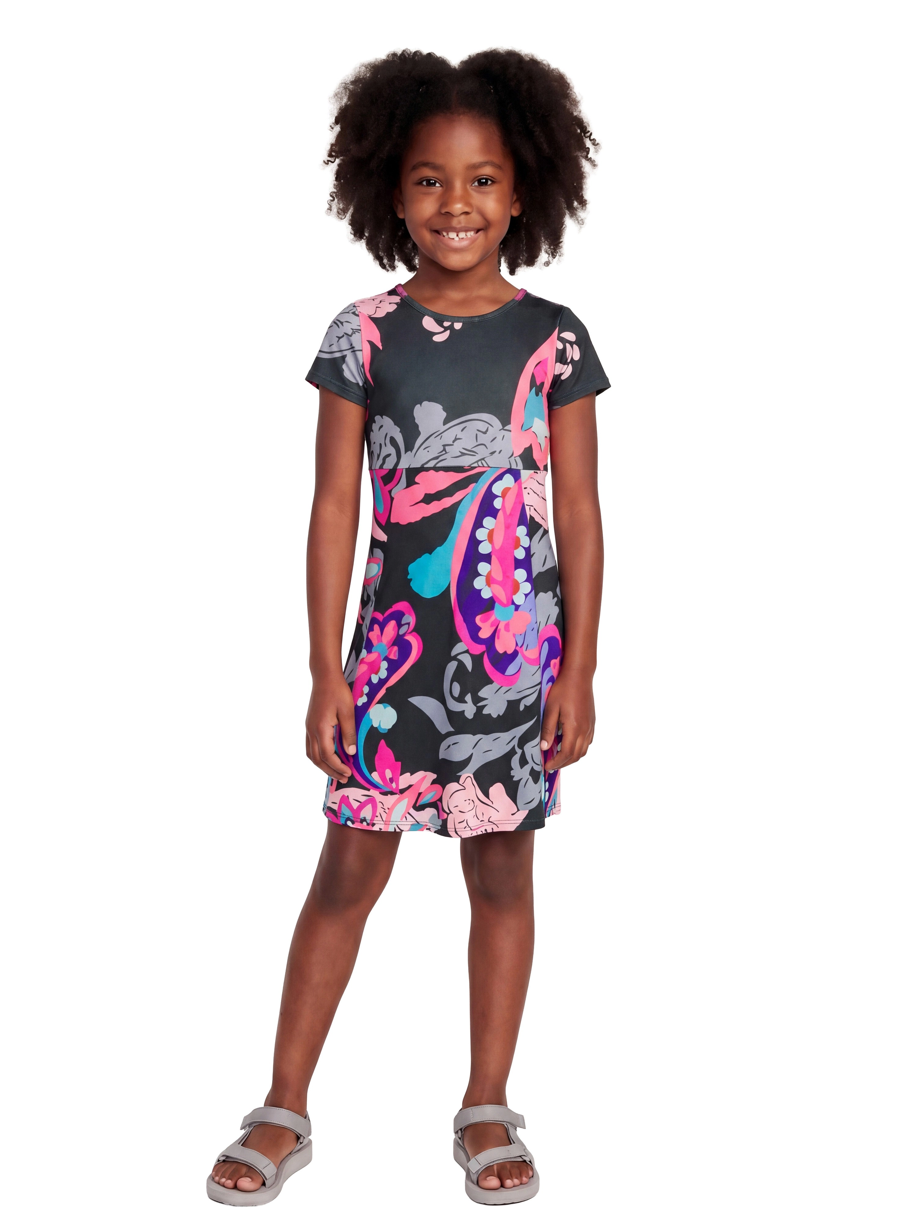 24sevenKid Essential Girls Black and Pink Paisley Fit Flare Knee Length Dress