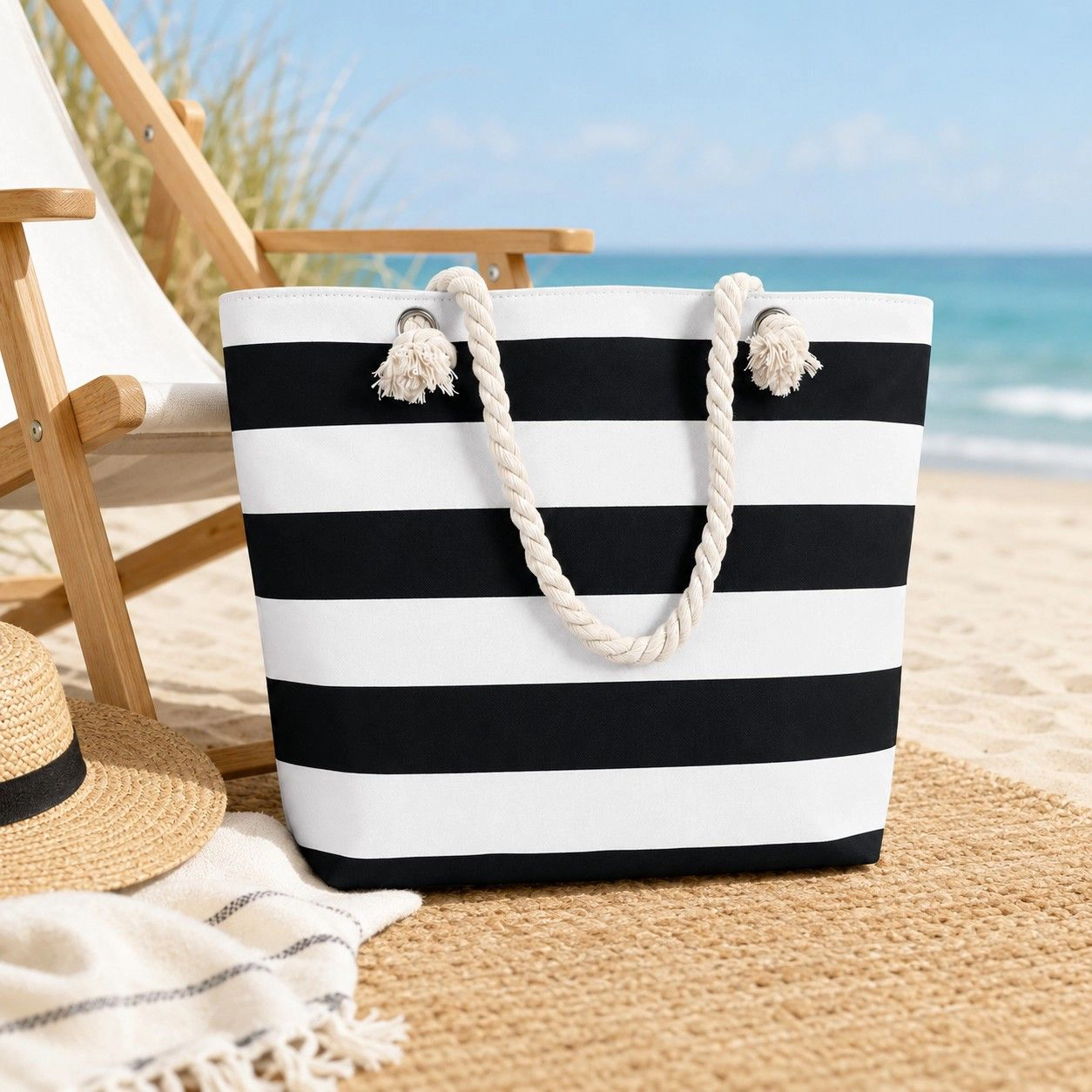 Alilang Women's Striped Canvas Beach Tote Bag with Zip Closure and Rope Shoulder Handles, Black
