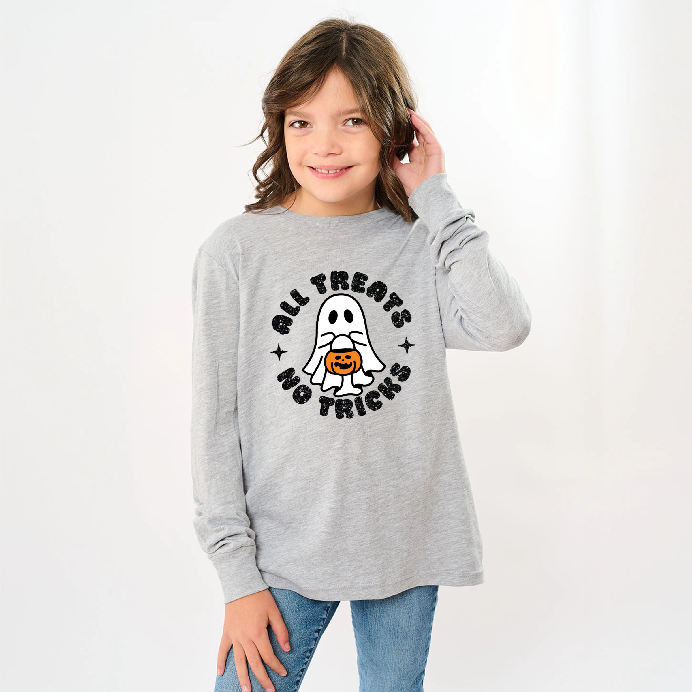 The Juniper Shop - Youth Long Sleeve Graphic T-Shirt All Treats No Tricks Ghost Glitter
