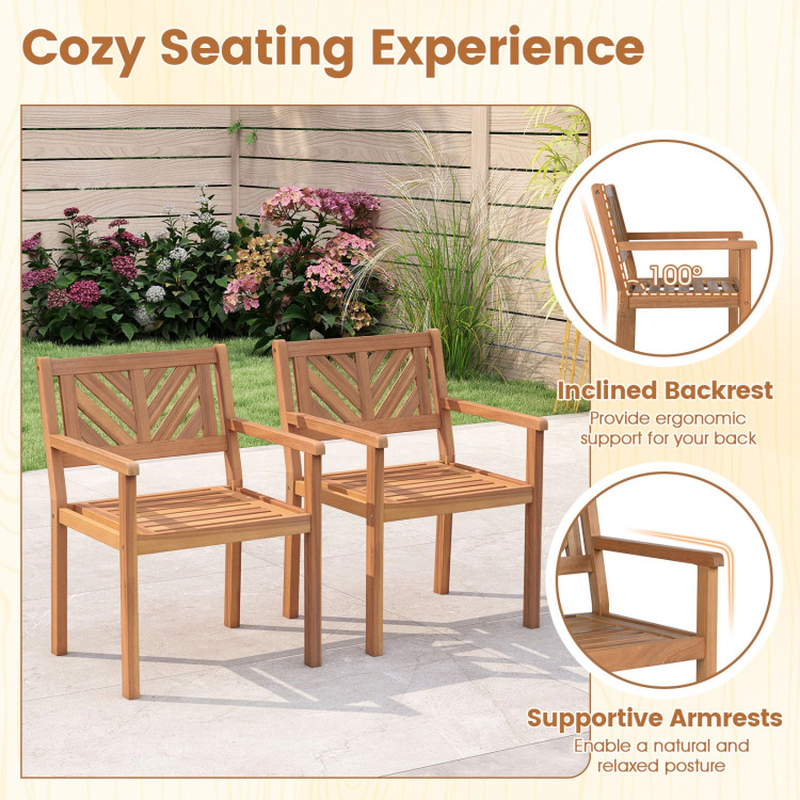 SUGIFT Set of 4 400-lb Capacity Teak Acacia Wood Outdoor Dining Chairs with Slatted Back and Armrests