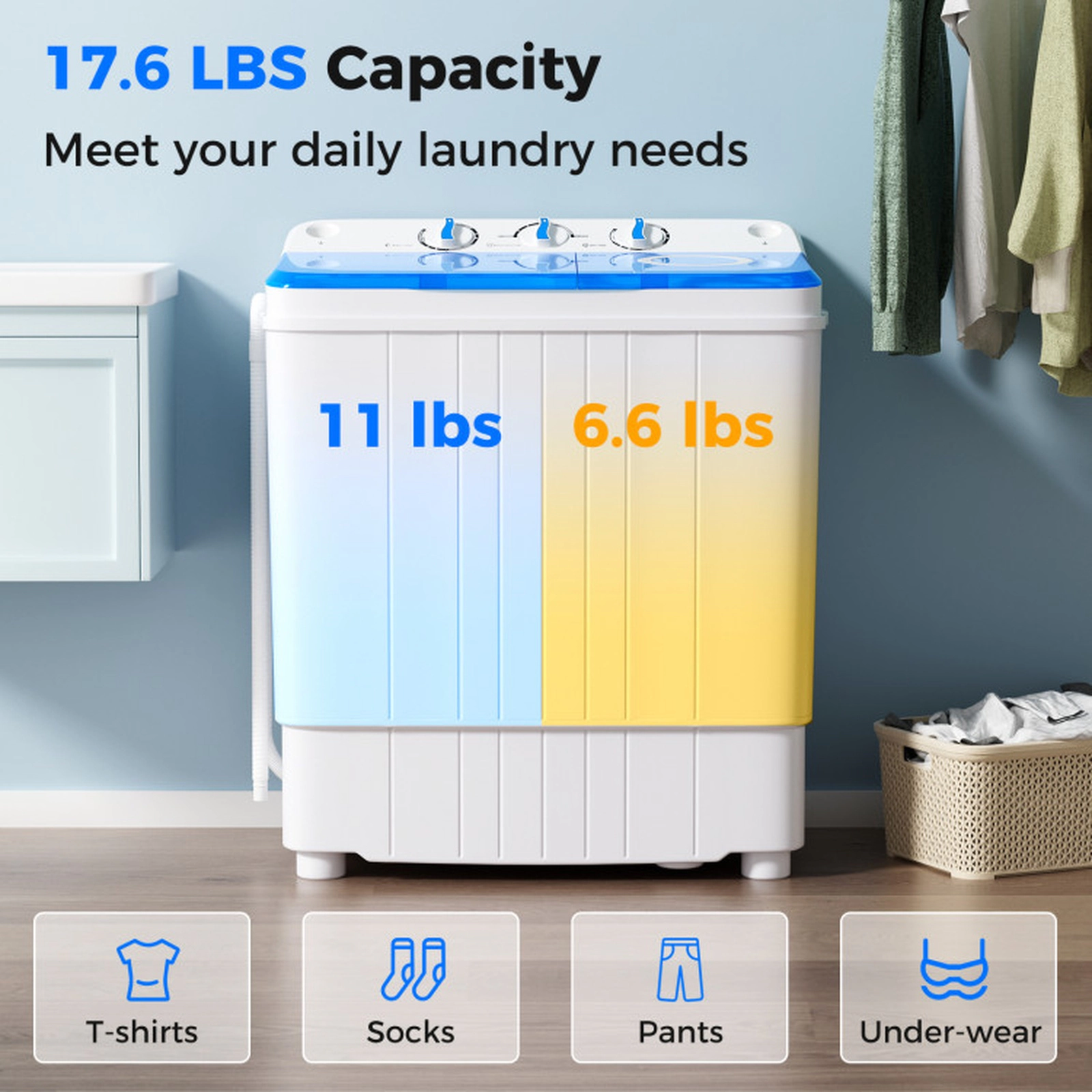 SUGIFT Blue Twin Tub Portable Washing Machine with 11-lb Washer and 6.6-lb Spinner 22.5-in W 14-in D 25.5-in H
