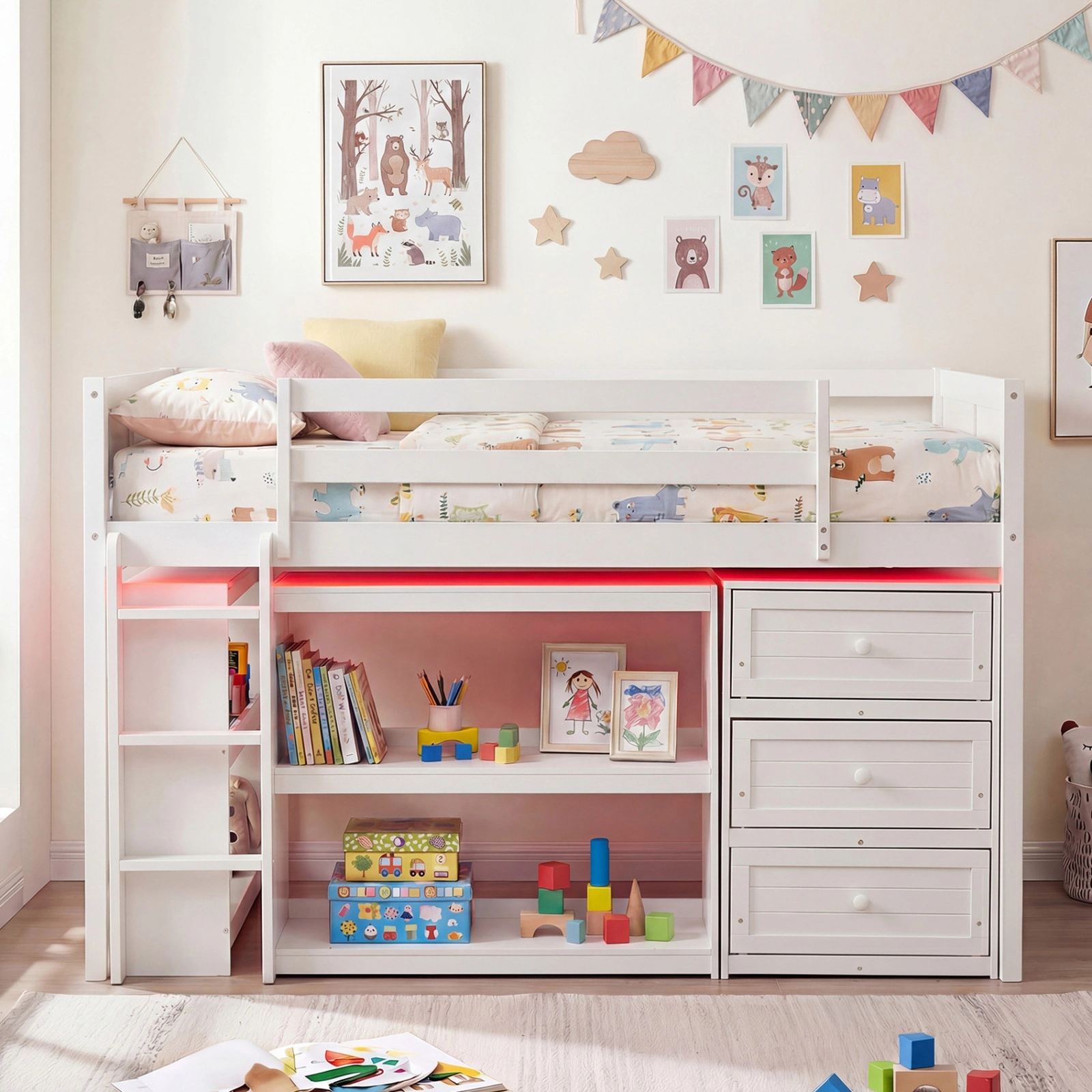 SUGIFT Twin Loft Bed for Kids with LED Lights, 3 Drawers, 4 Shelves, White