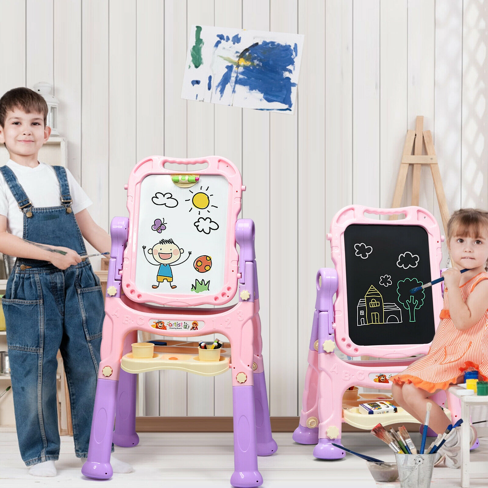 SUGIFT Pink Height Adjustable Kids Art Easel with Magnetic Double-Sided Board