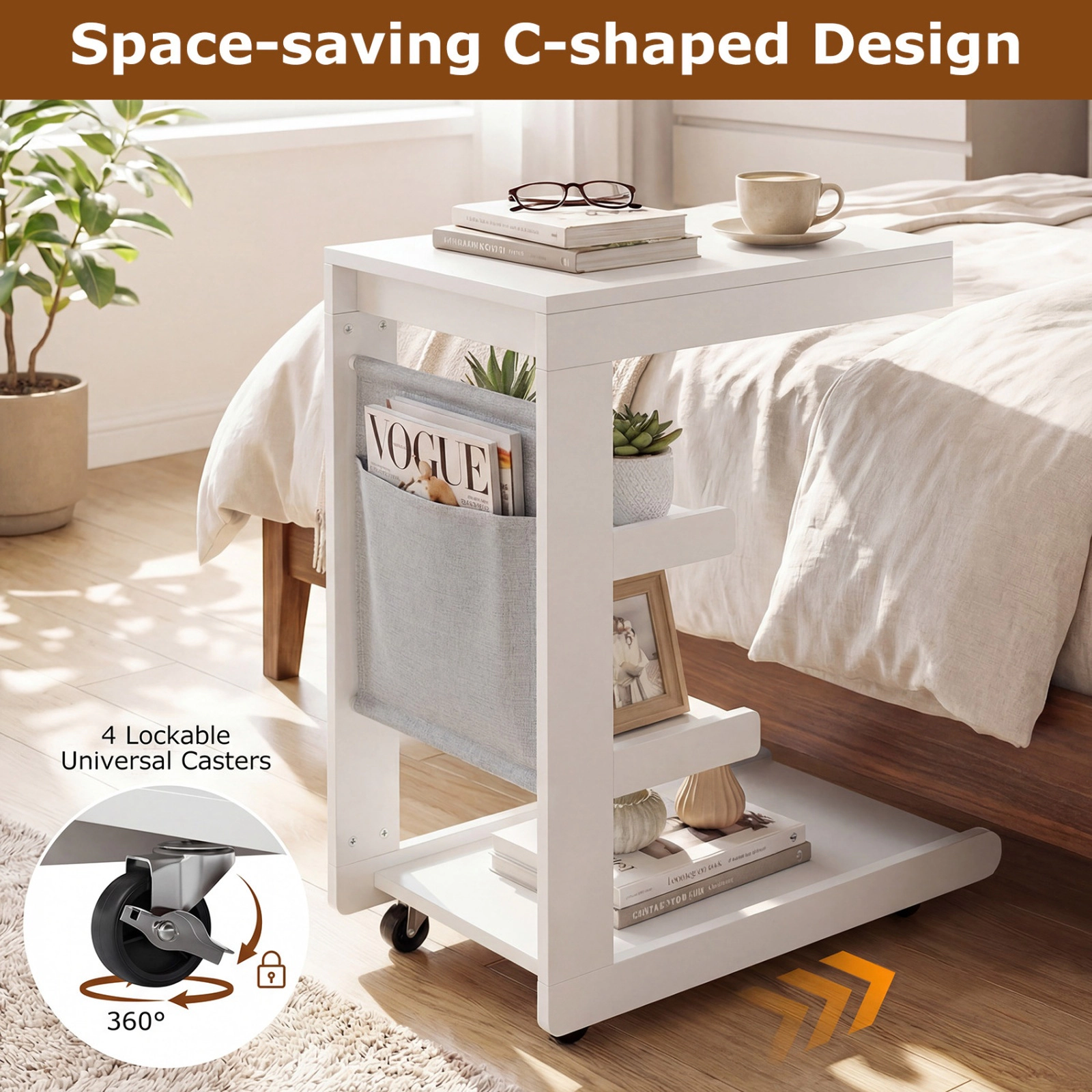 SUGIFT White C-Shaped Rolling End Table with Tilting Desktop