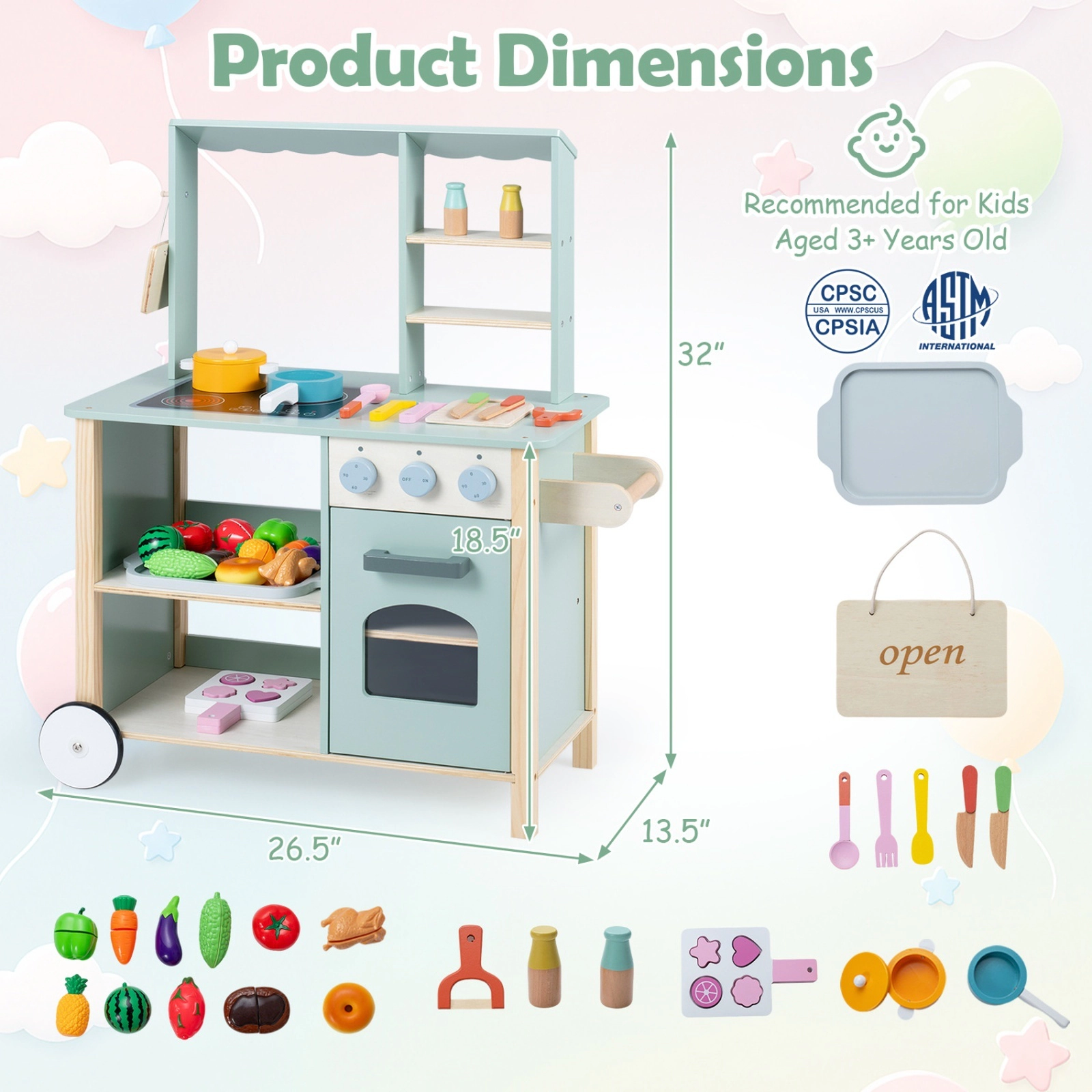 Wooden Kitchen Playset for Kids Rolling Wheels Oven Open Sign Cookware Accessories 26.5-in x 13.5-in x 32-in Green