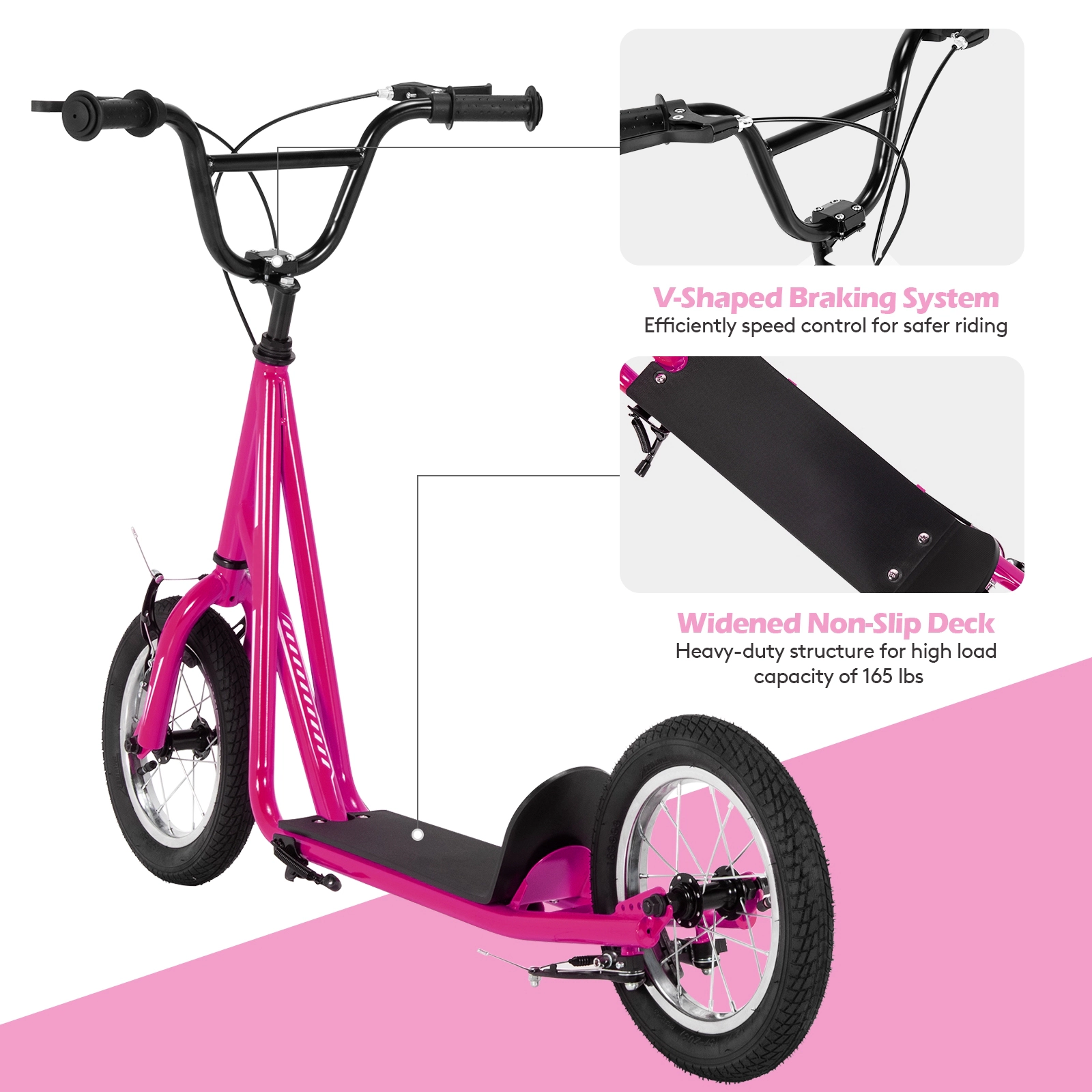 SUGIFT Kids Pink Kick Scooter with 12-in Air-Filled Wheels and Dual V-Brakes 33-in to 35-in H 165-lb Rider Capacity