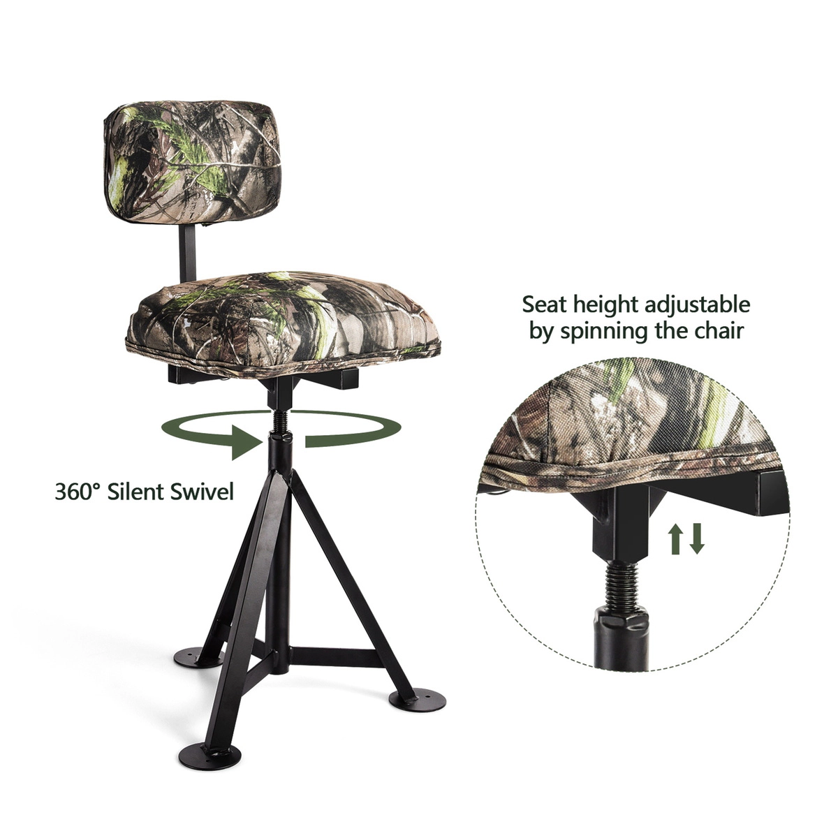 SUGIFT 330-lb Capacity 360-Degree Swivel Tripod Hunting Stool with Detachable Backrest and Adjustable Legs