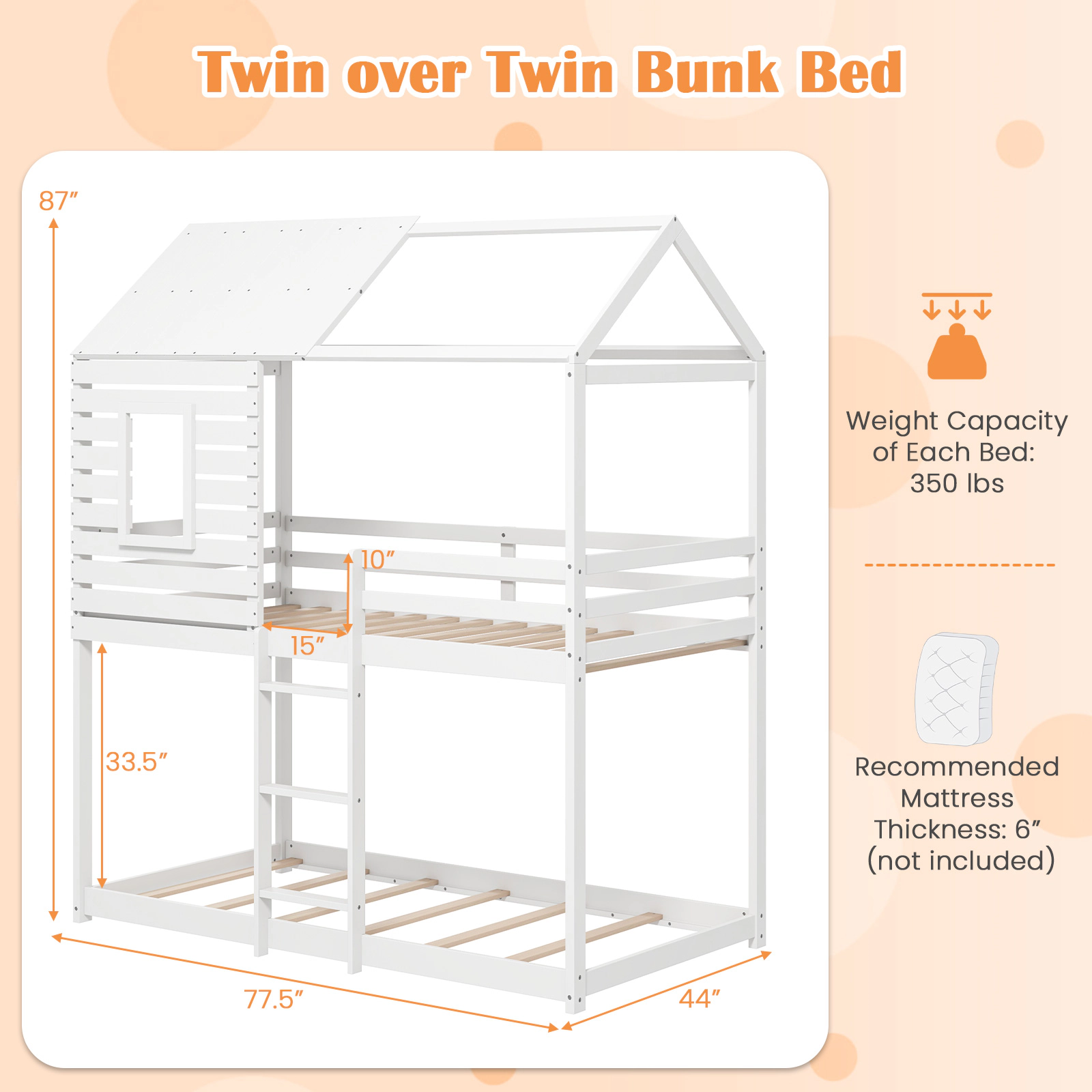 SUGIFT Twin-Over-Twin House Bunk Bed, Solid Pine Wood, Roof, Front Window, White