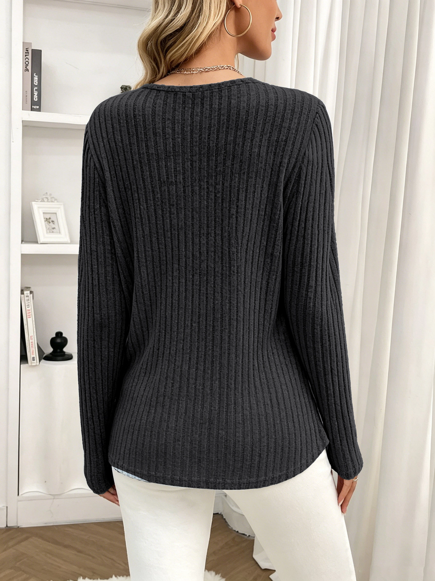 Enchanted Funland Womens Crew Neck Ribbed Knit Long Sleeve Button Tunic Tops