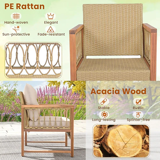 Hivvago 3 Pieces Patio Furniture Set With Acacia Wood Frame Cushions-Brown