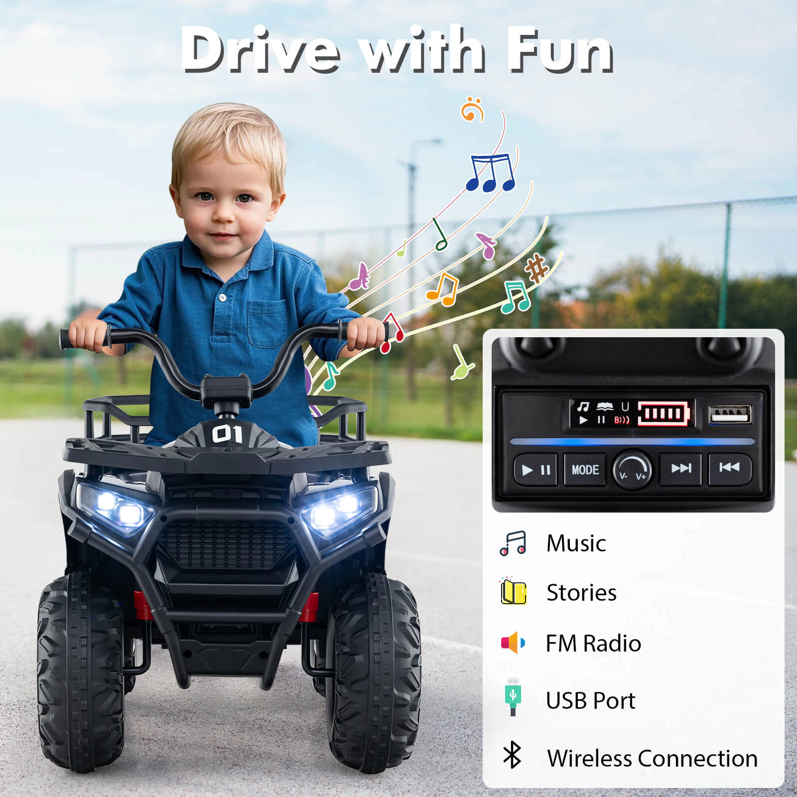 Costway 24V Kids Ride on Electric ATV Car Toy with Spring Suspension & LED Lights USB