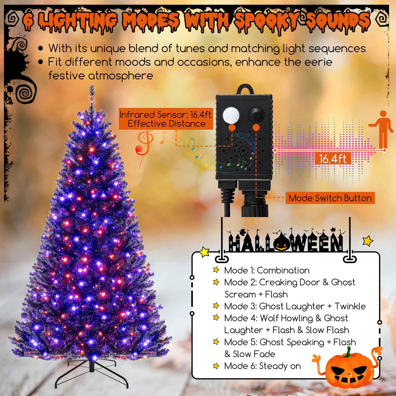 SUGIFT 6-Mode Motion-Activated Artificial Christmas Tree Spooky Sounds 8 ft Tall Black with Orange & Purple LED Lights