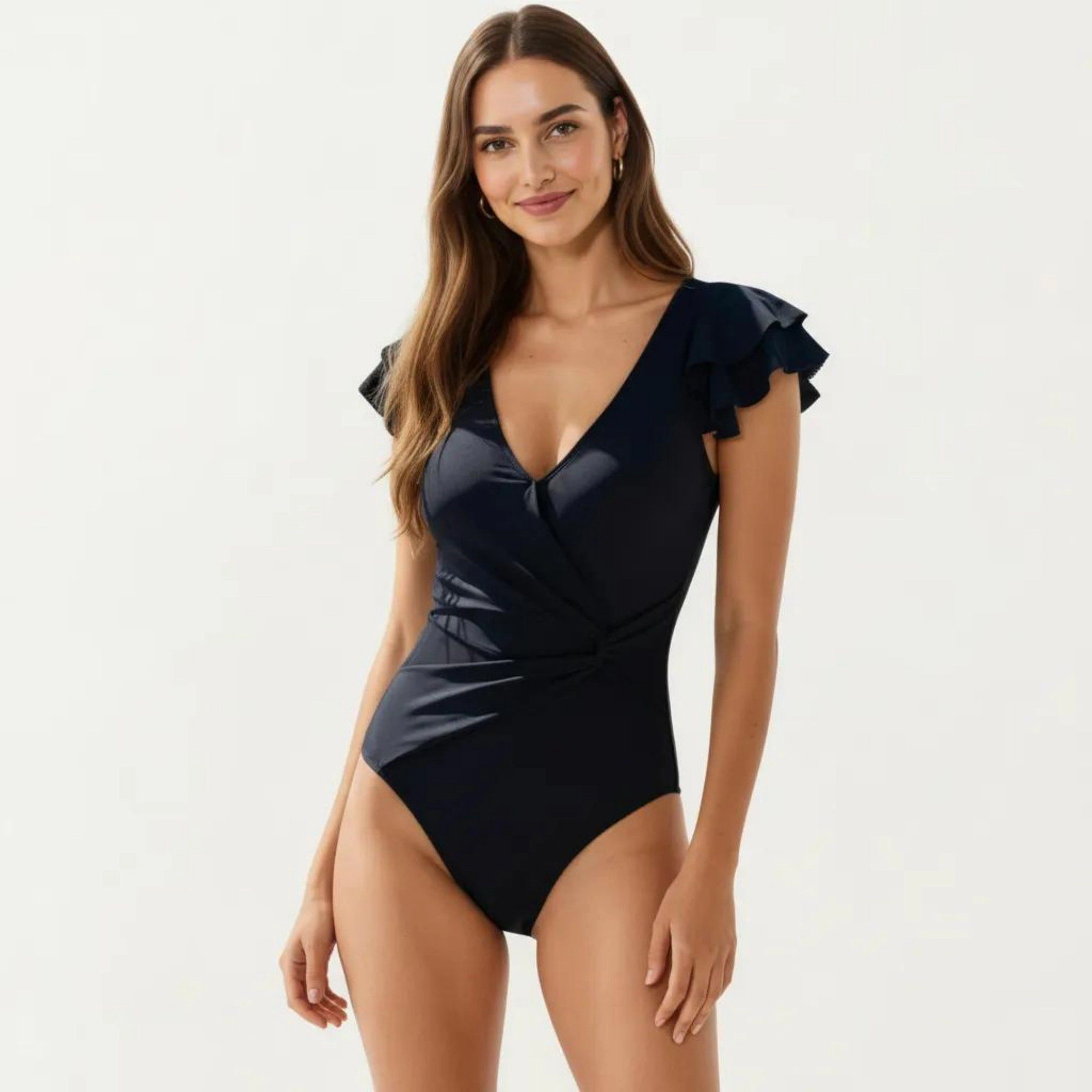 Anna-Kaci Women One Piece Swimsuit - Wrap Front V-Neck, Ruffle Sleeves, Ruched Waist