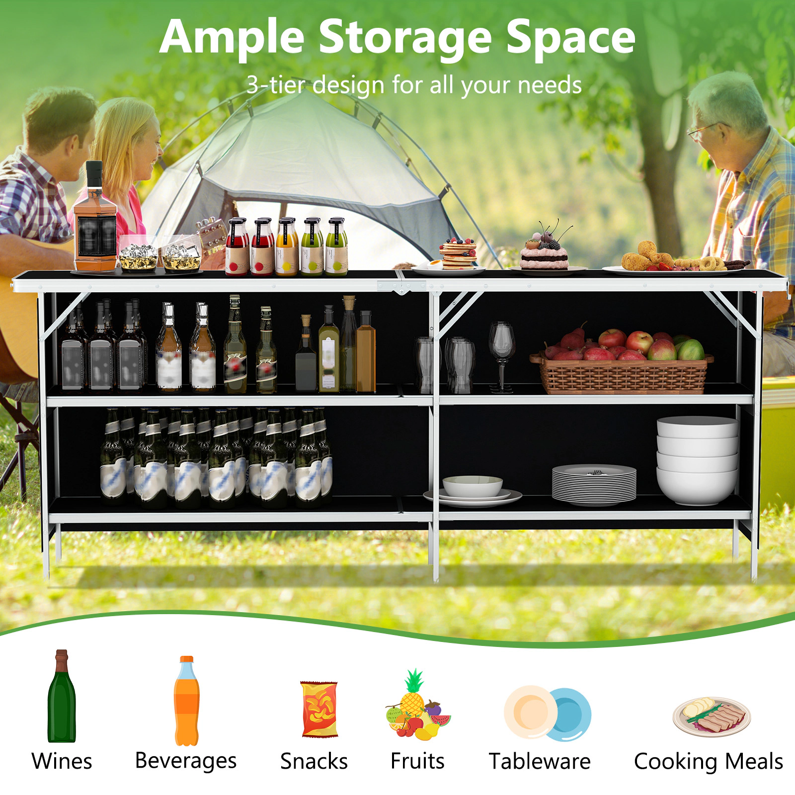 LJG Aluminum Portable Picnic Table with 2-Tier Open Shelves and Spacious Tabletop