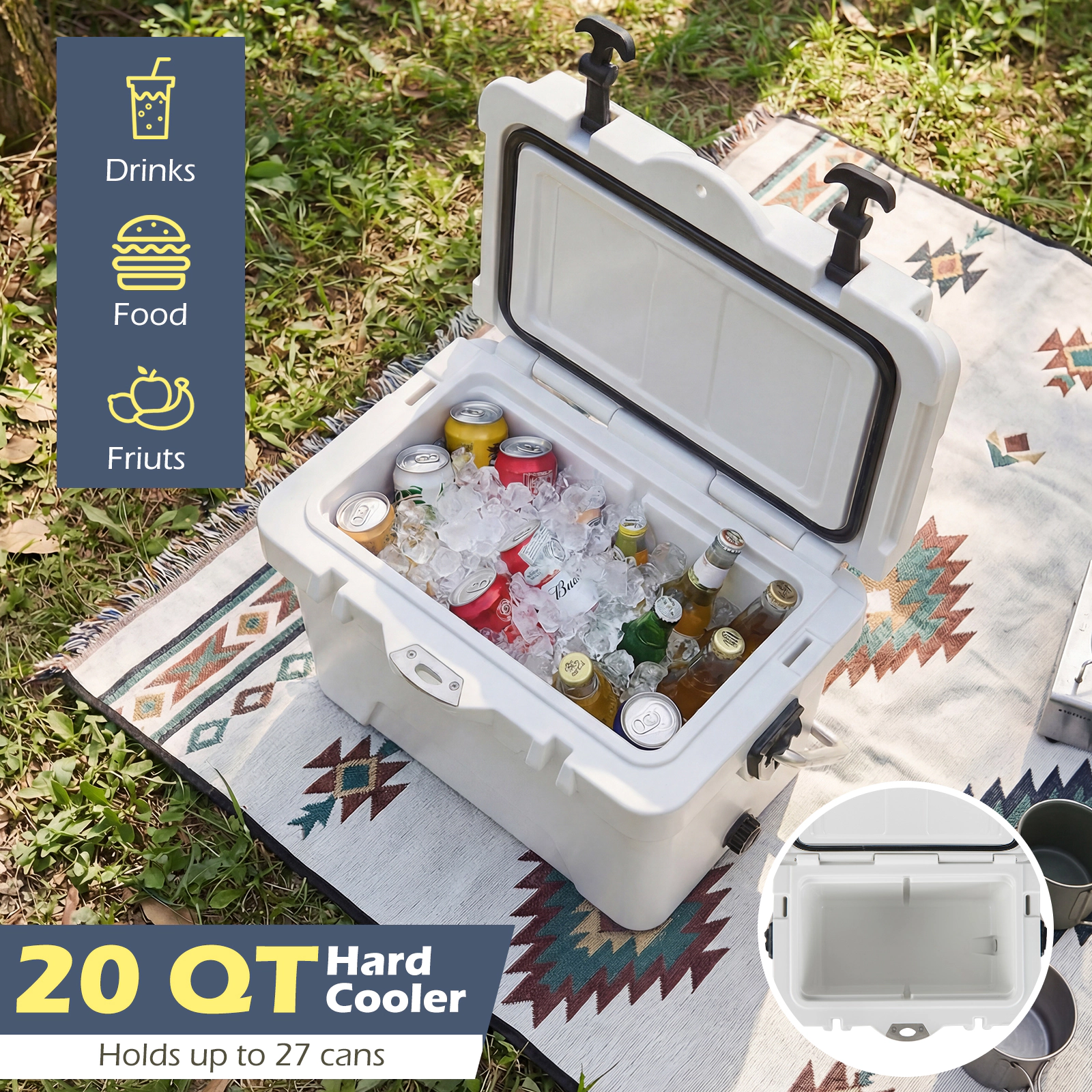 SUGIFT 20 Quart Portable Hard Cooler with Built-in Ruler and Bottle Opener 440-lb Capacity Gray/Khaki/White