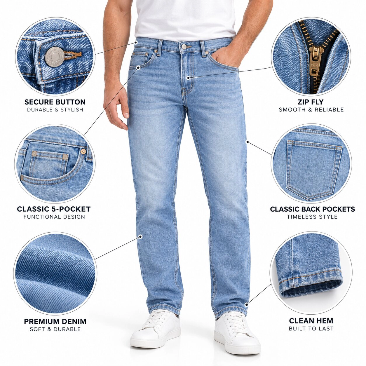 BenBen Men's Medium Stretch Slim Fit Denim Jeans, 3-Pack (Black, Blue, Navy)