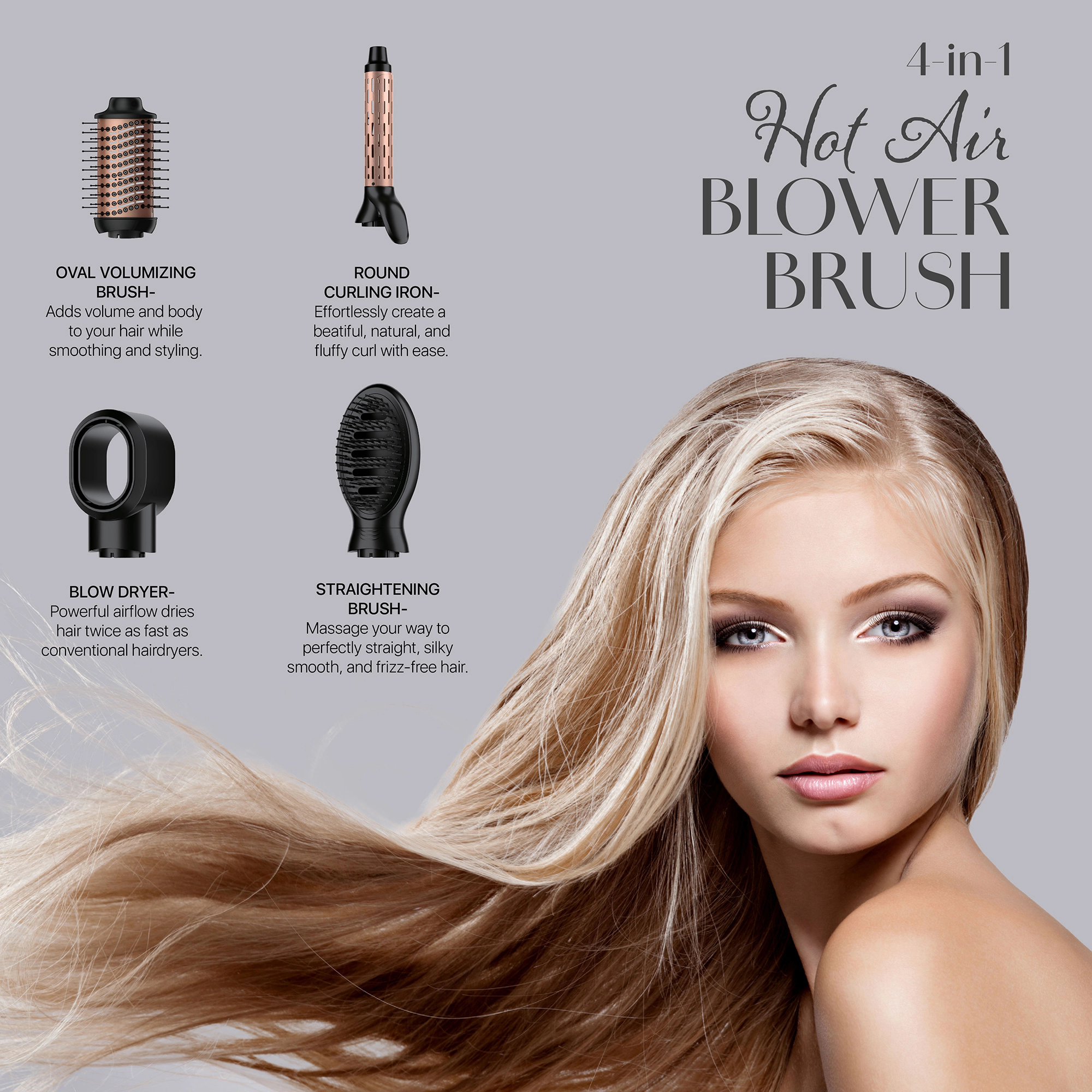 Pursonic Women's Hot Air Blower Brush with Volumizing Oval Brush, Ceramic Coating & 4 Heat Settings for Hair Styling