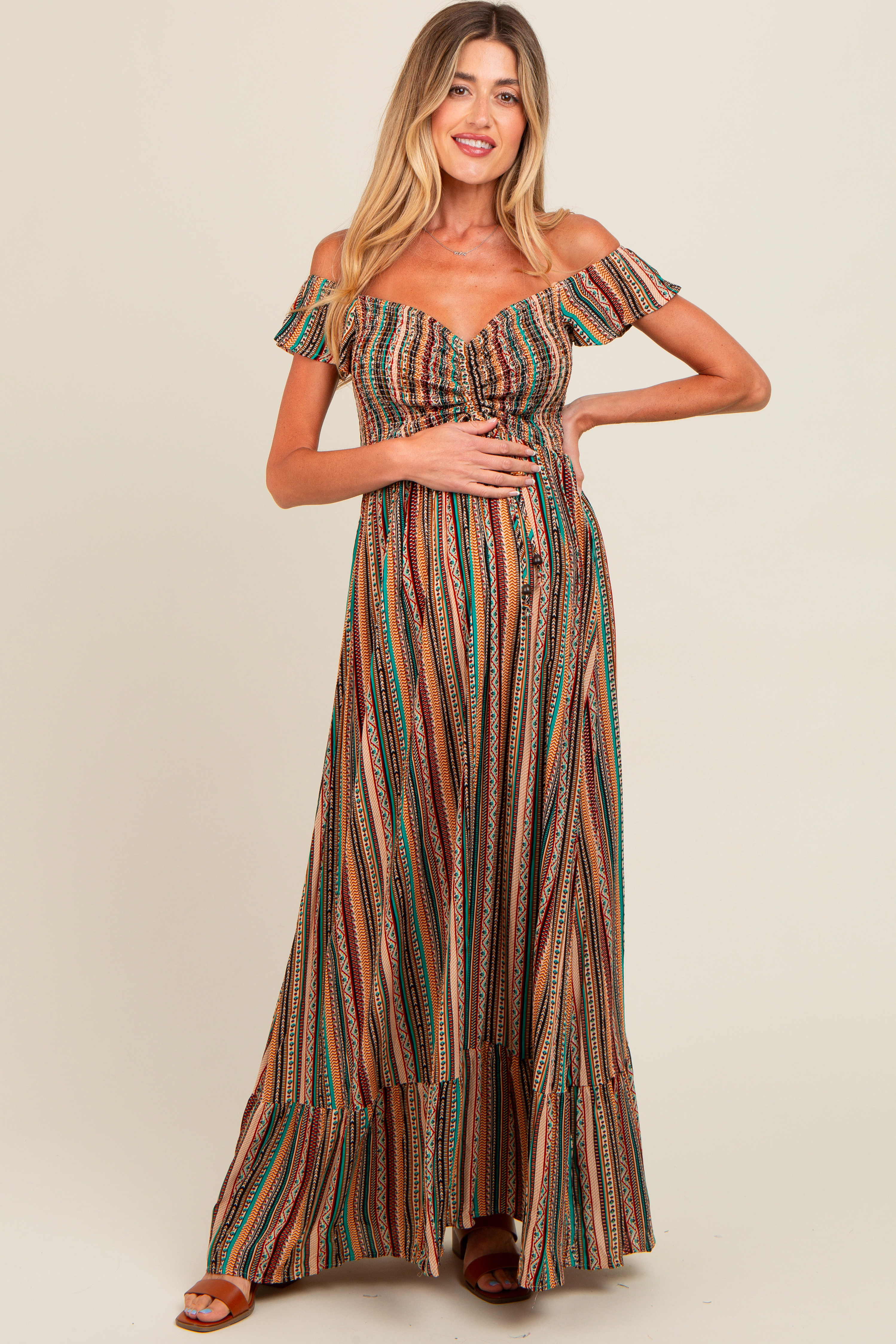 PinkBlush Womens Multicolor Off Shoulder Cinched Maternity Maxi Dress