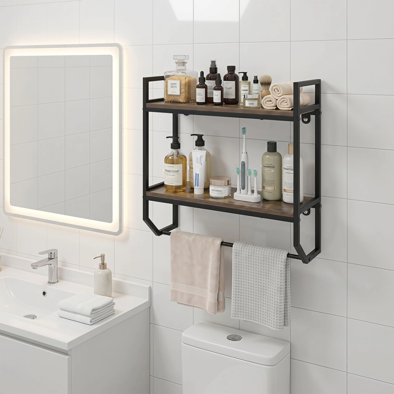 SlickBlue Rustic Brown Wall Mounted Bathroom Organizer with Metal Frame