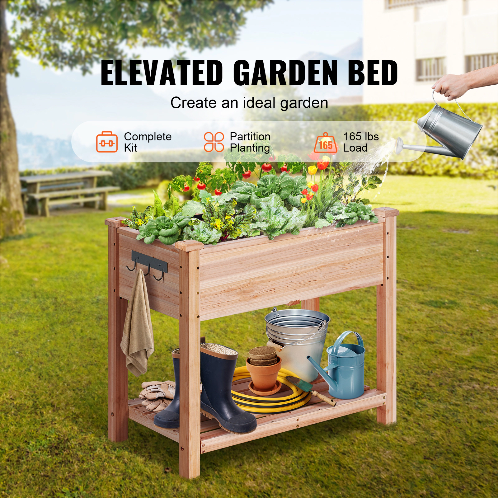HONGGE 34 x 18 x 30 In Wooden Raised Garden Bed with 2-Tier Storage Shelf, Fir Wood, Holds 165 lbs