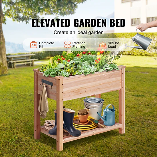 HONGGE 34 x 18 x 30 In Wooden Raised Garden Bed with 2-Tier Storage Shelf, Fir Wood, Holds 165 lbs