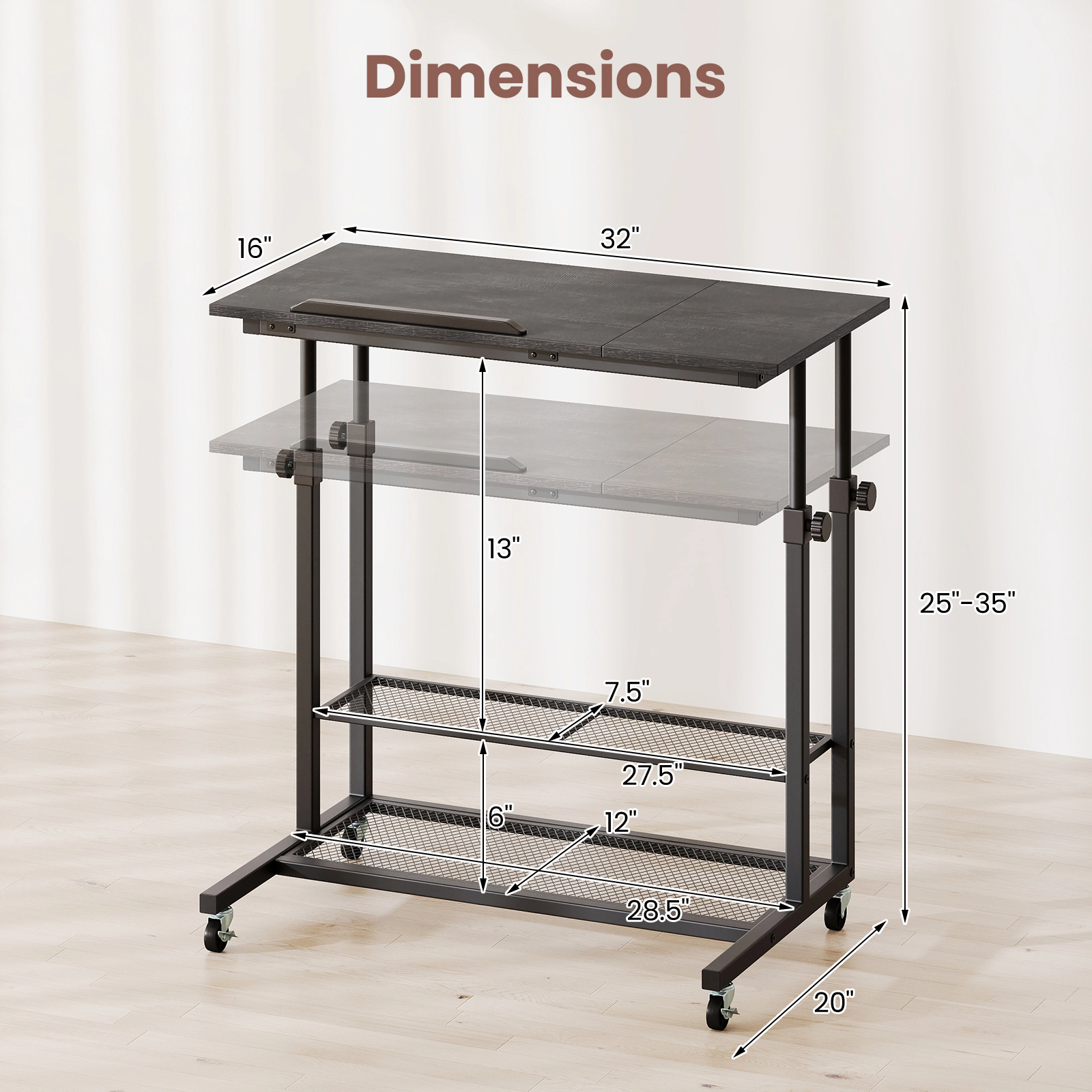 LJG Mobile Stand up Desk Height Adjustable Standing Table with Tilting Tabletop