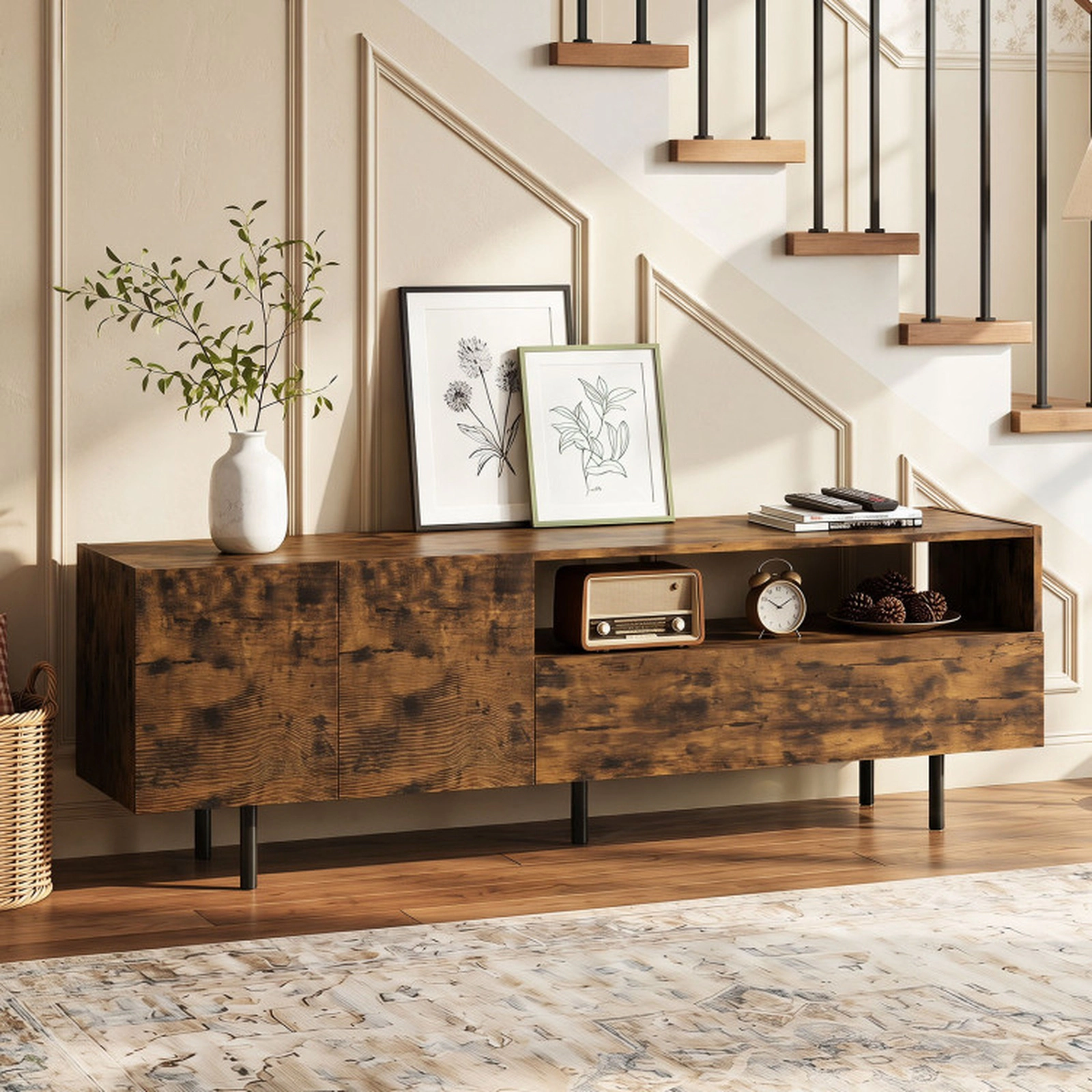 SUGIFT 60 in TV Stand Rustic Brown for 70 in TVs with Storage Cabinet Drawer and Metal Legs