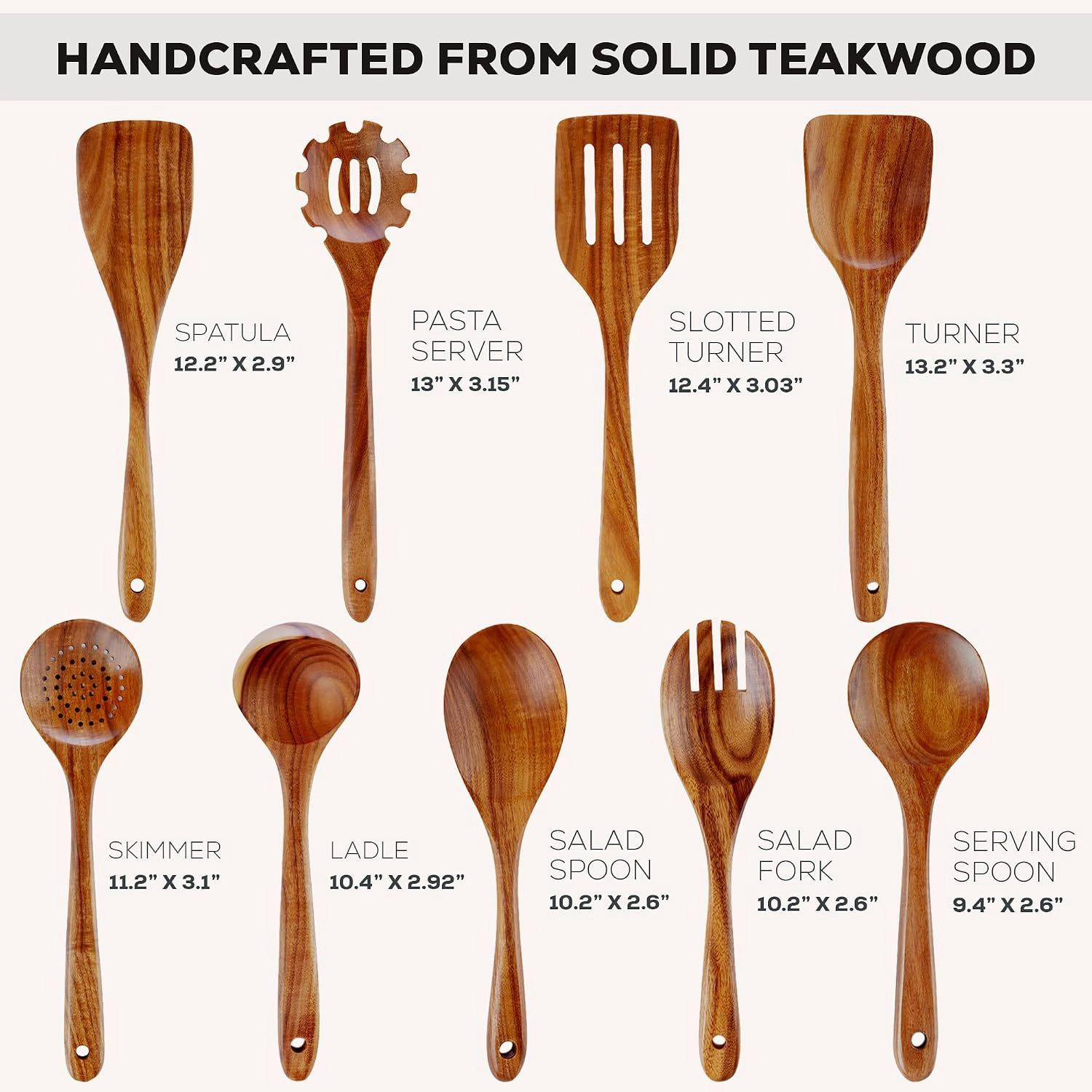 Zulay Kitchen 9-Piece Teak Wooden Utensils for Cooking - Smooth Finish Natural Teak Utensil Set