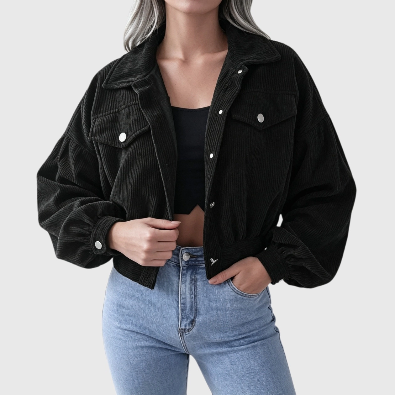YesFashion Women's Cropped Corduroy Jacket Casual Collared Button Down Long Sleeve Work Coat Blazer