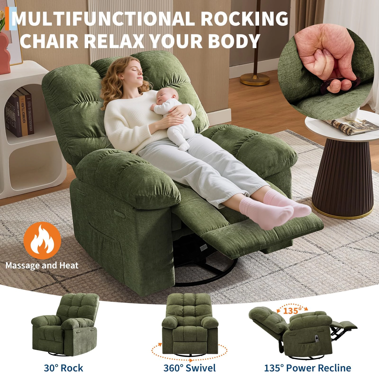 BebreezChic Heated 360° Swivel Rocking Massage Recliner Chair,GREEN