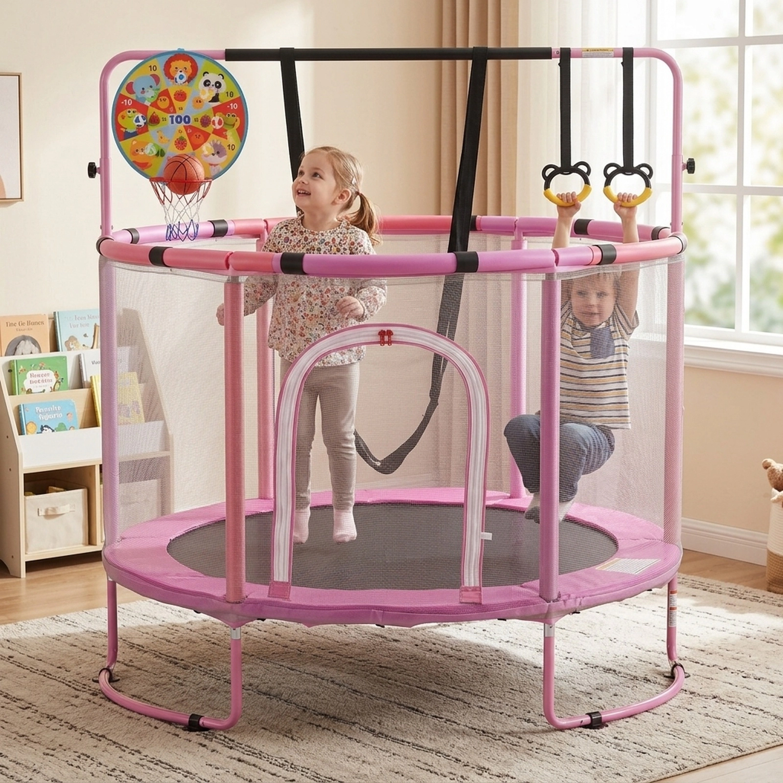 55-in Trampoline Adjustable Gymnastics Bar Kids Basketball Hoop Swing Purple Toddler Trampoline Indoor Outdoor Ages 3+