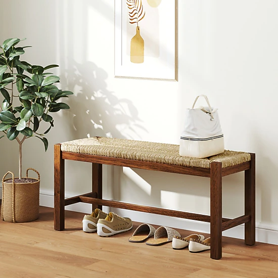 SlickBlue Unisex Wood Dining Bench, Natural Seagrass Farmhouse Entryway Seat