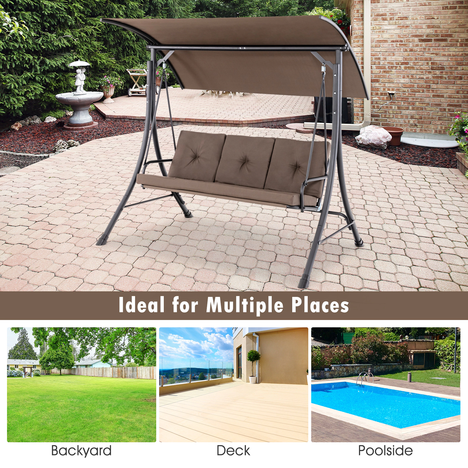 SUGIFT Brown 3-Seat Porch Swing with 240-Degree Canopy, Olefin Cushions, 800-Lb Capacity