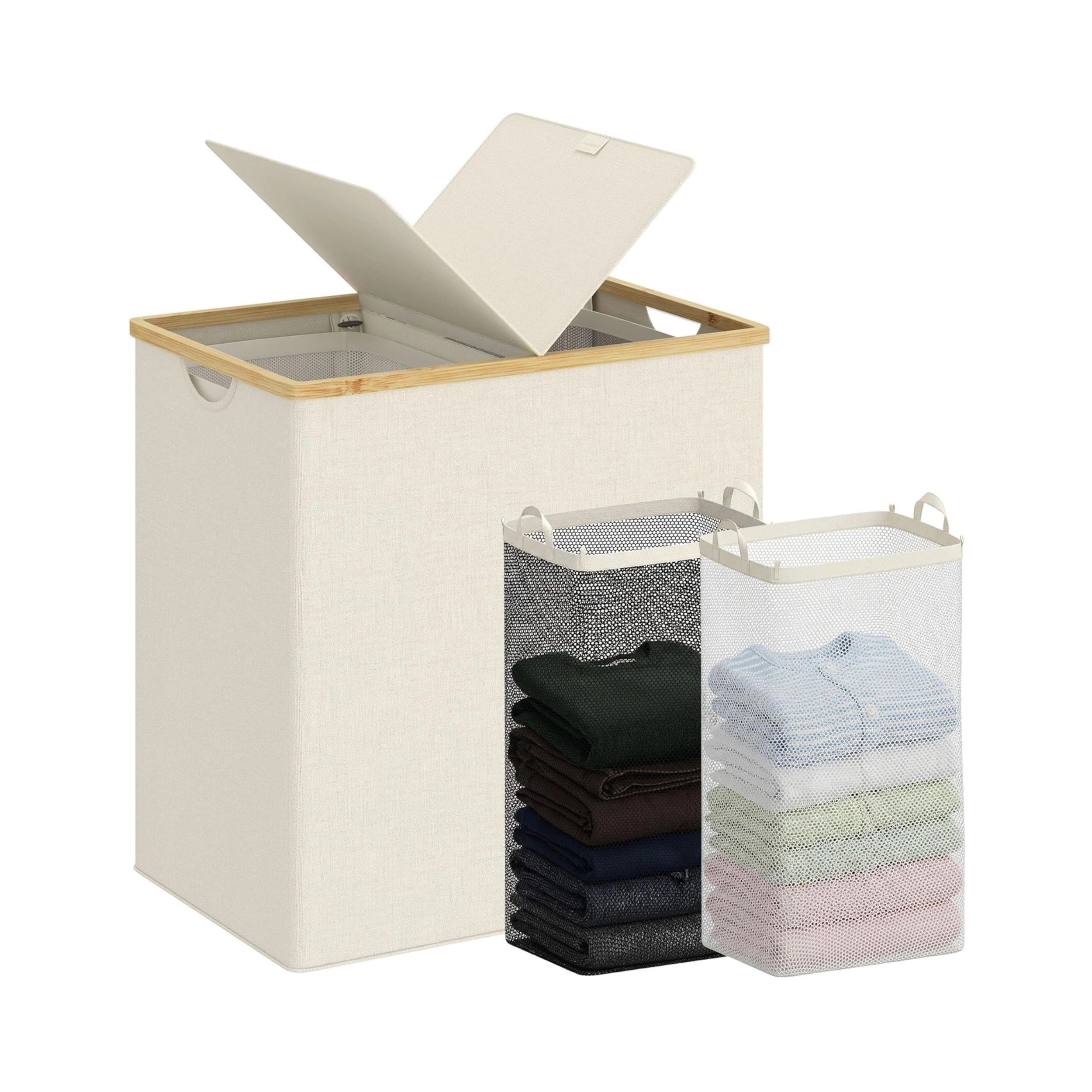 Stock Preferred 140L Double Laundry Hamper with Lid 2 Removable Bags and Bamboo Handles