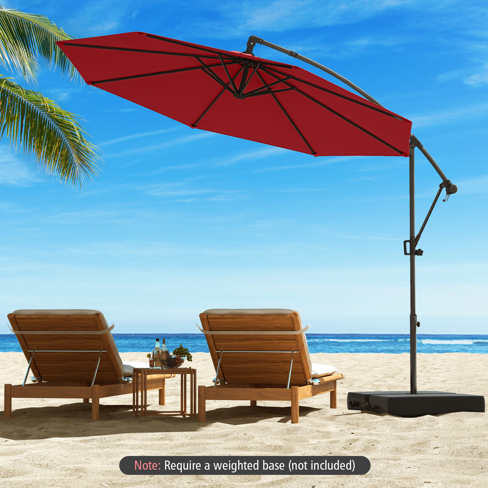 SUGIFT 10-ft Wine Offset Hanging Patio Umbrella with Base Infinite Tilt 8 Metal Ribs and Vented Canopy