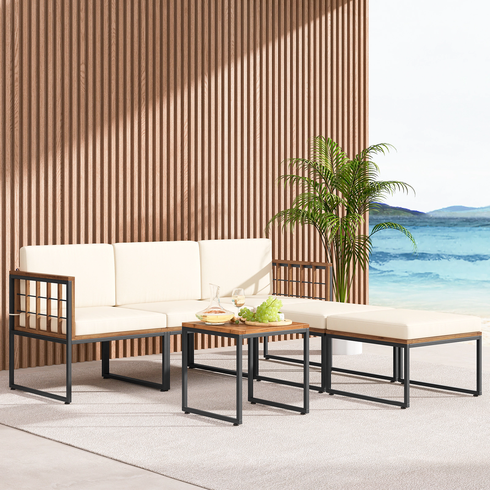 LJG 6 Pieces Acacia Wood Patio Furniture Set with Coffee Table and Ottomans