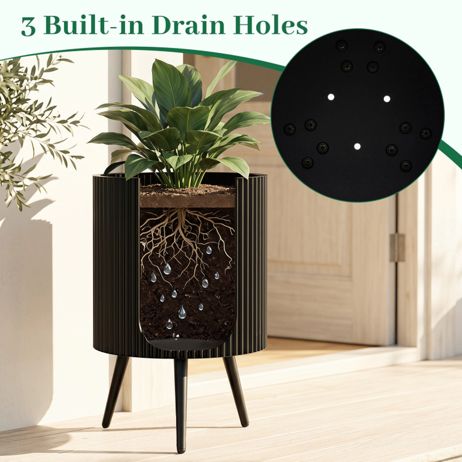 SUGIFT Black Fluted Metal Plant Pot with Stand and 3 Tapered Legs 16.5-in Dia 22-in H 110-lb Pot Capacity