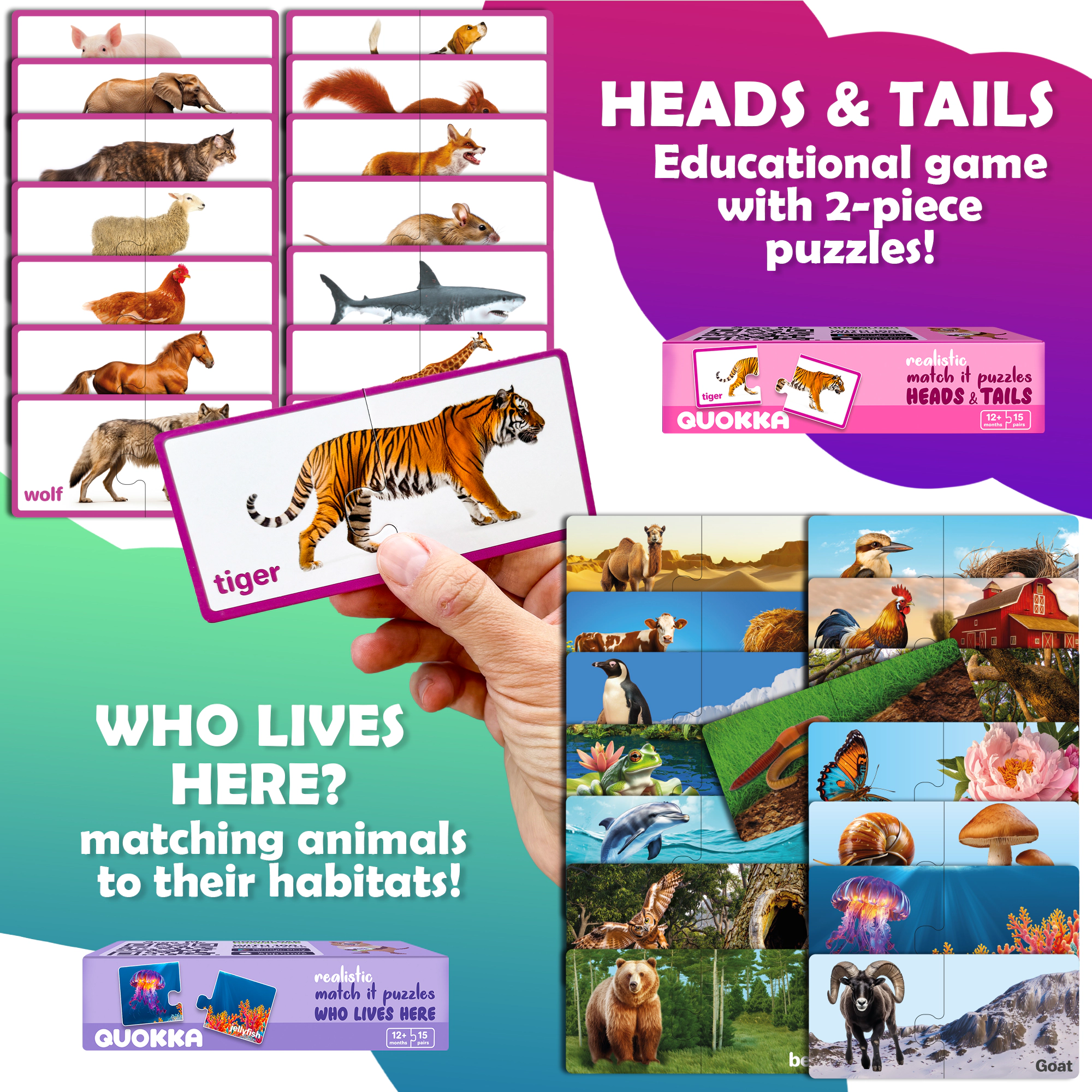 QUOKKA Matching Puzzles for Toddlers, Numbers, Animals & Opposites Learning Cards, 5-Pack Set