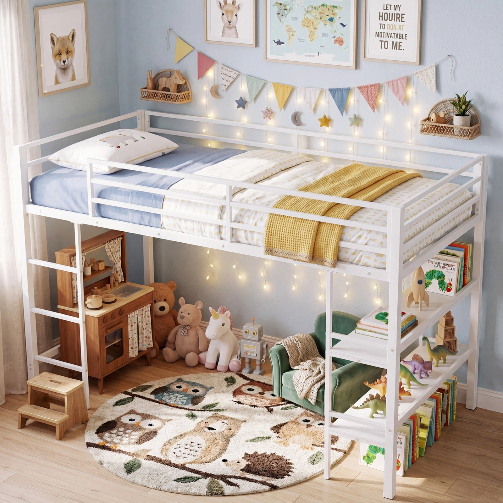 SUGIFT Twin Low Loft Bed, Metal Frame, Ladder, Storage Shelves, White