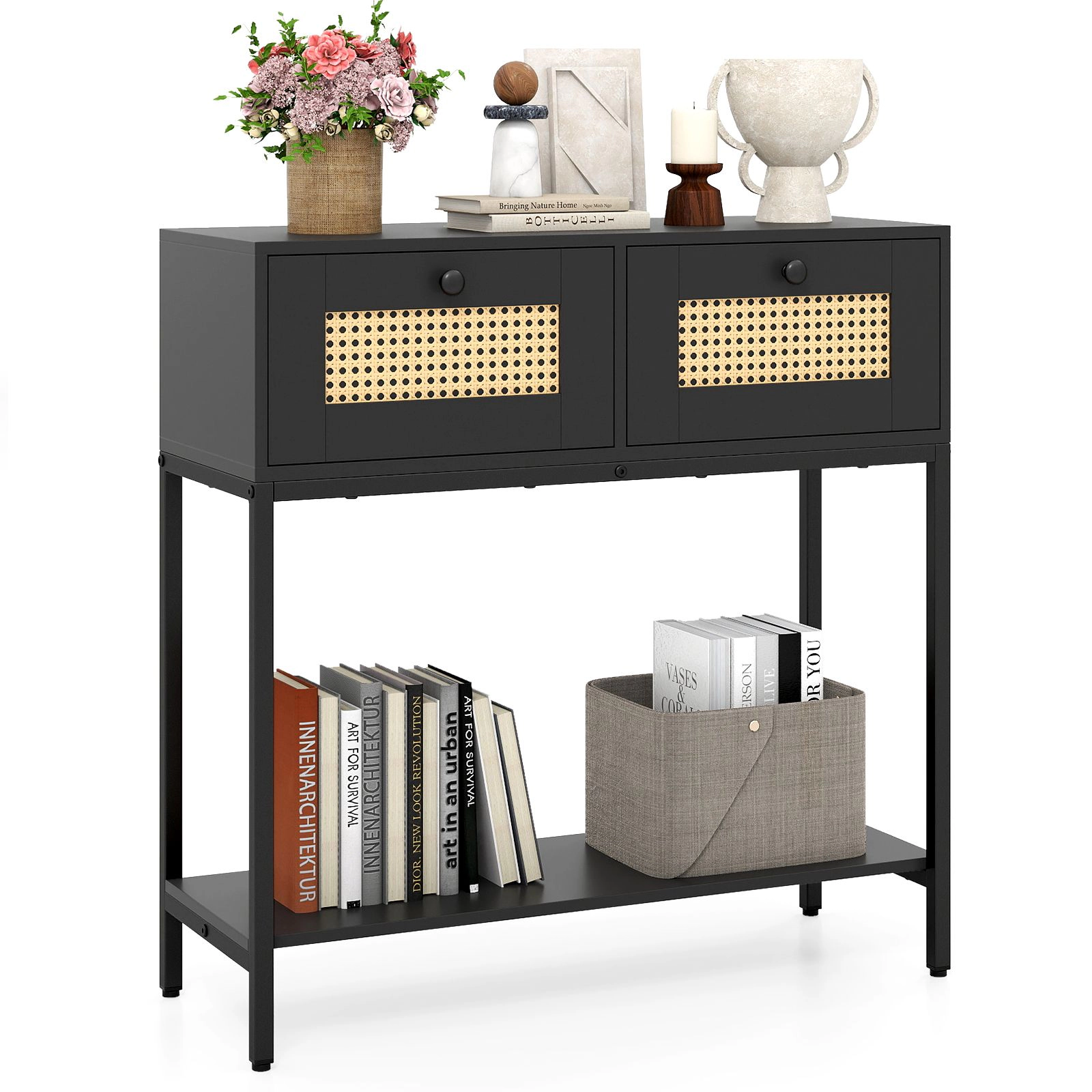 SlickBlue Rattan Console Table with Drawers and open Storage Shelf