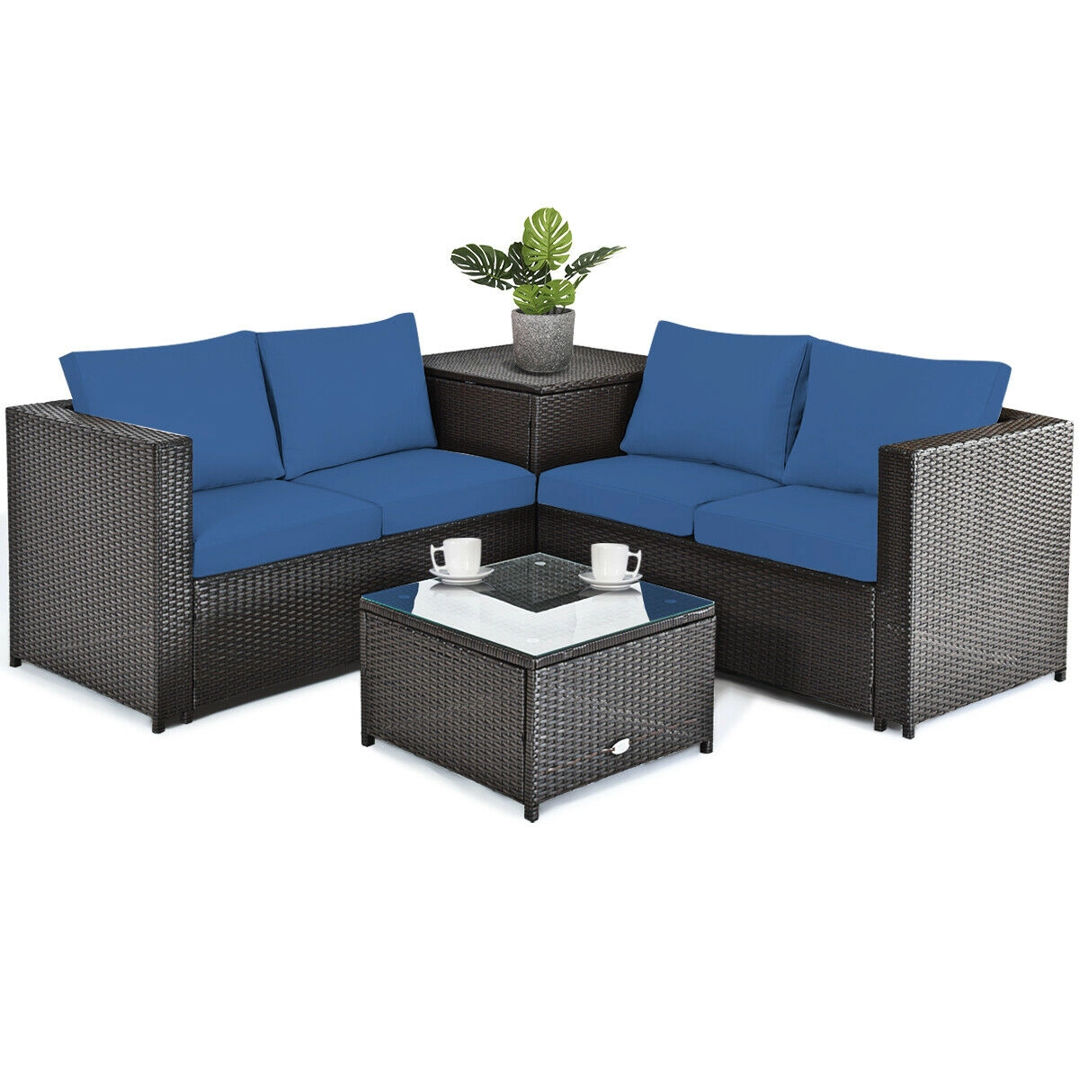 SUGIFT Navy Cushioned Loveseat and Storage End Table 4-Piece Patio Rattan Sectional Set