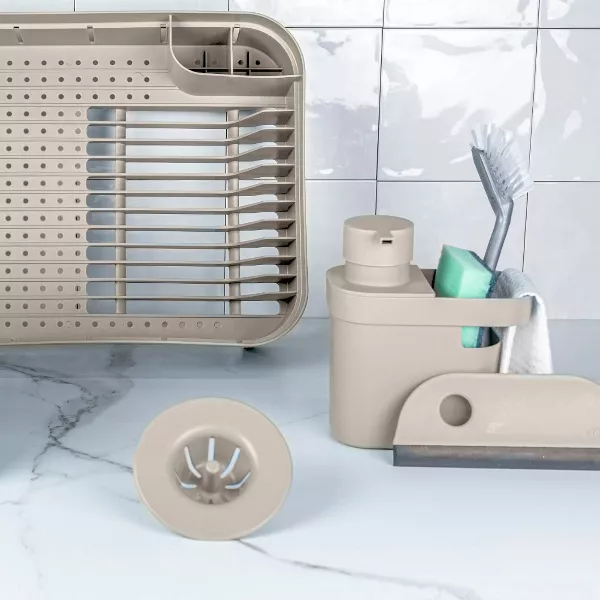OU Dish Drying Rack for Kitchen Counter, Freestanding Plastic Strainer with Utensil Holder, Compact Drain
