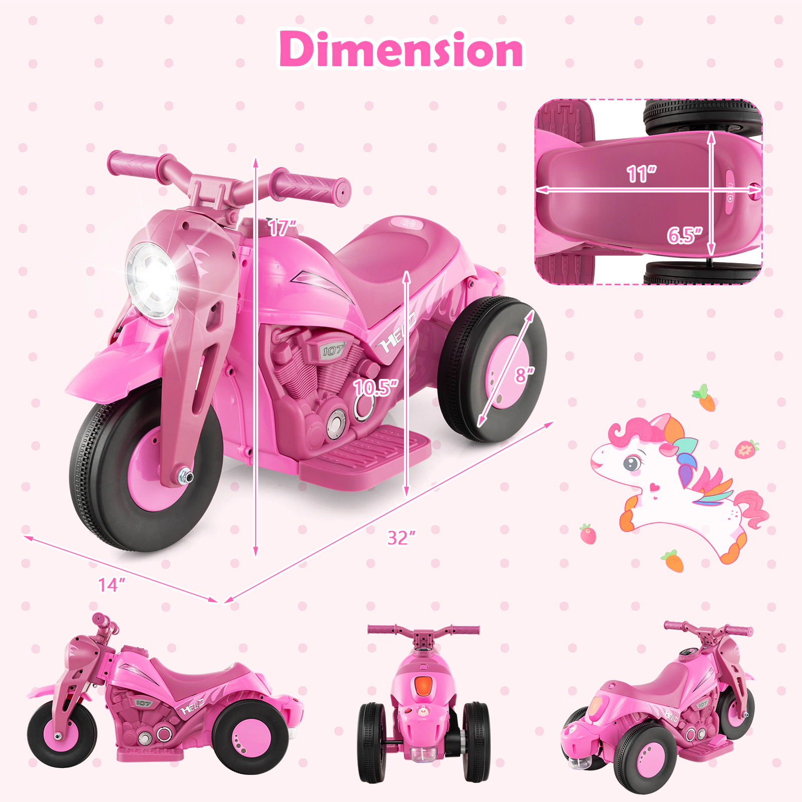 SUGIFT 6V Kids Electric Ride-On Motorcycle with Bubble Maker and Music 66-lb Capacity with LED Head Light Pink