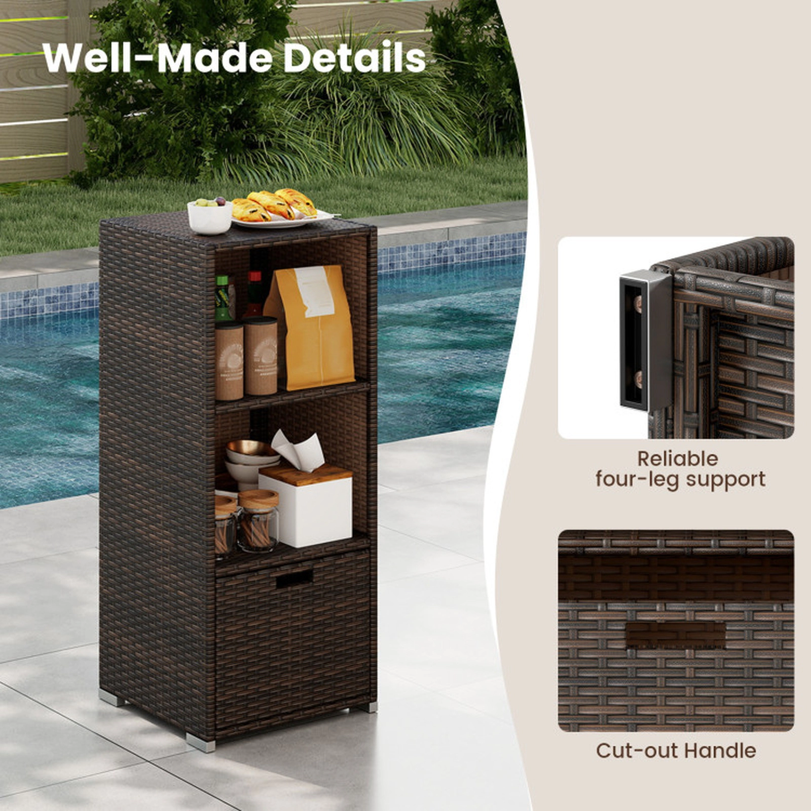 SUGIFT 3-Shelf PE Rattan Removable Drawer Outdoor Patio Storage Cabinet 19.5-in x 19.8-in x 43-in 80-lb Shelf Brown