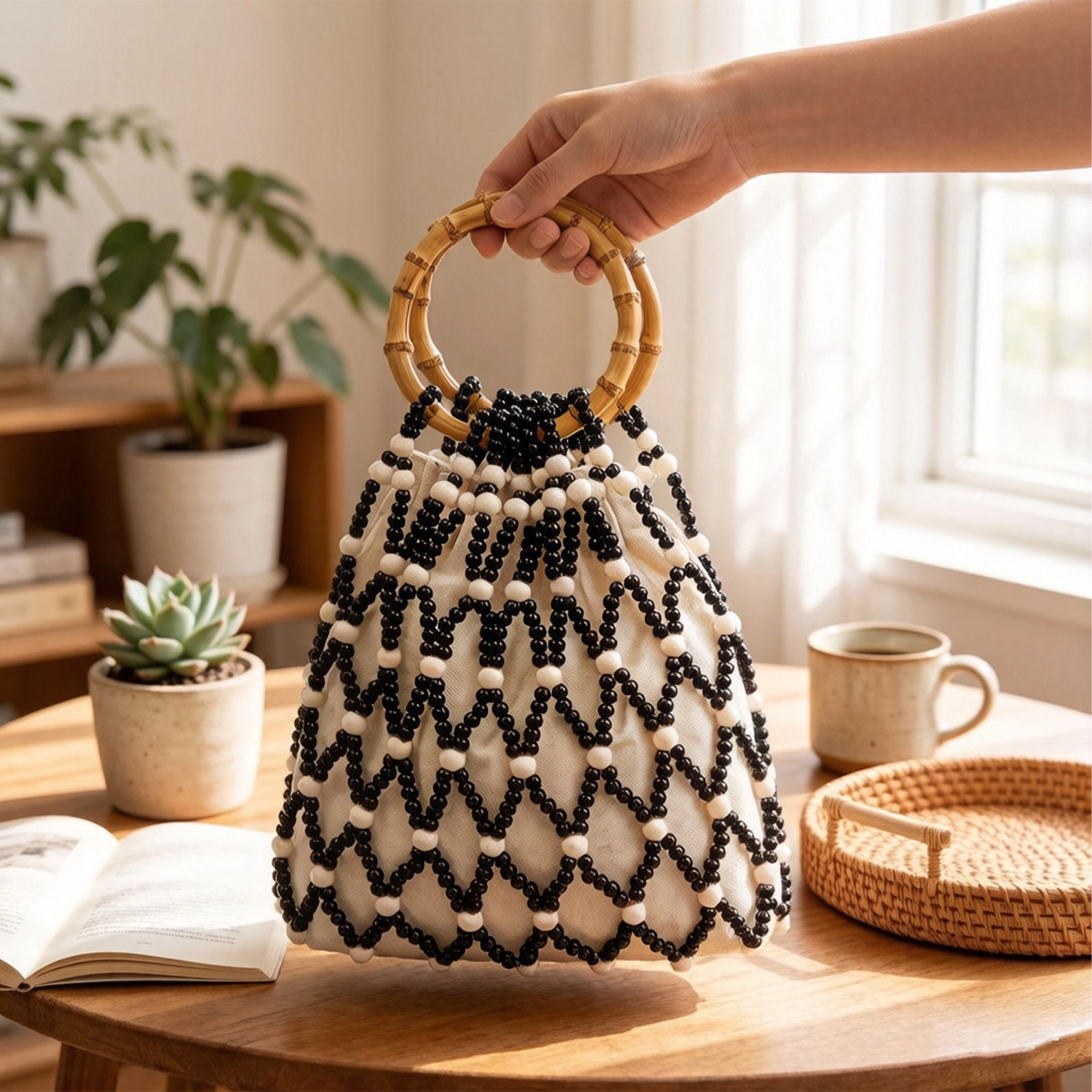 Alilang Women's Beaded Drawstring Mini Bag with Bamboo Handle Structured Bucket Purse Lightweight Top Handle Handbag
