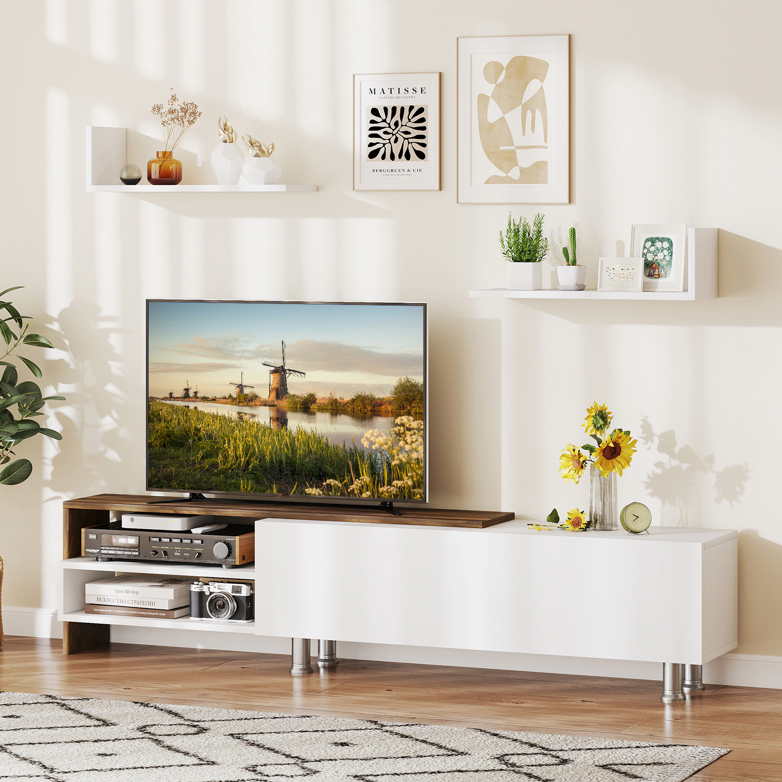 SUGIFT 3-Piece Farmhouse TV Stand with Floating Shelves 77-lb Tabletop Capacity for TVs up to 80 in White & Walnut